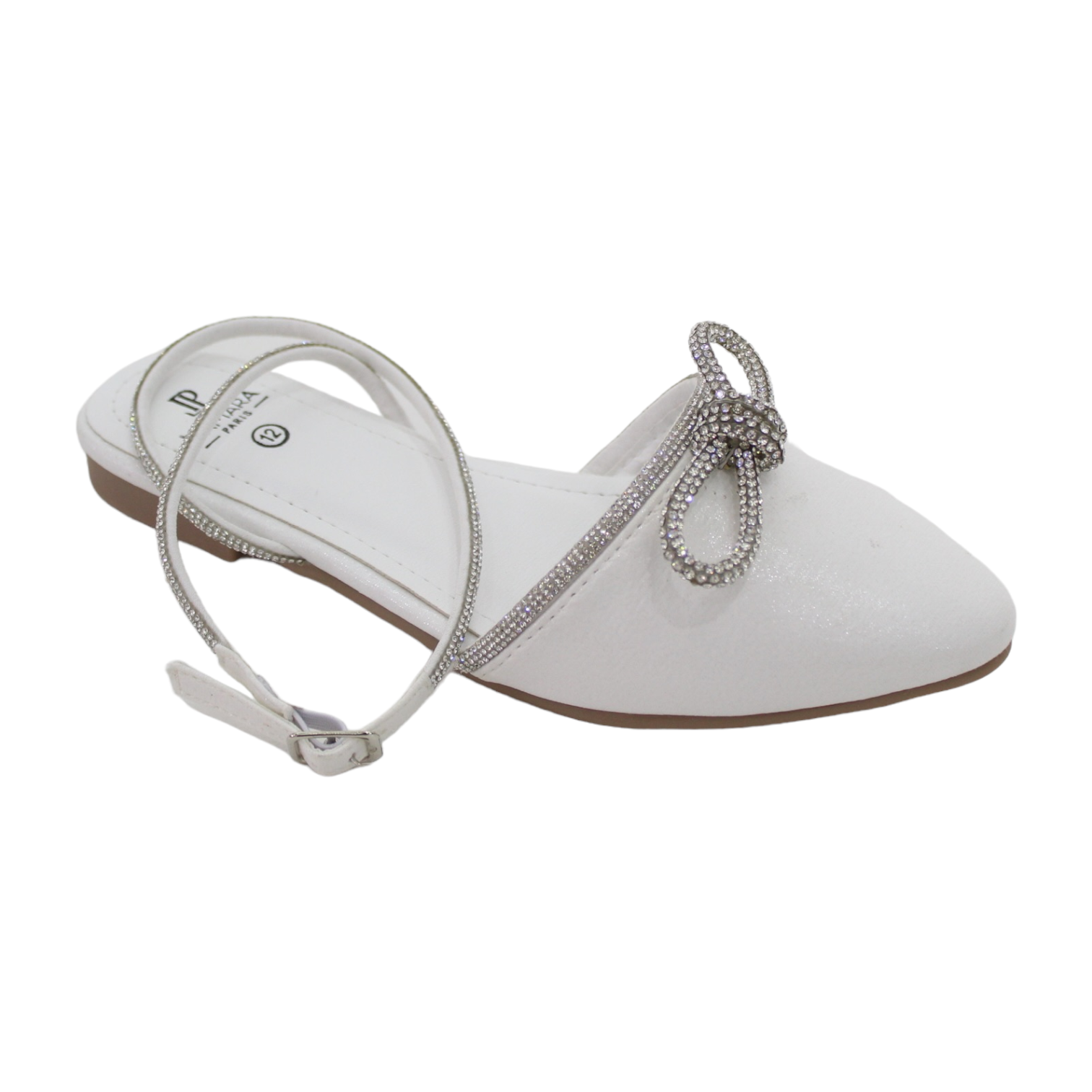 Gulfa girls ankle strap pump with diamante bow white