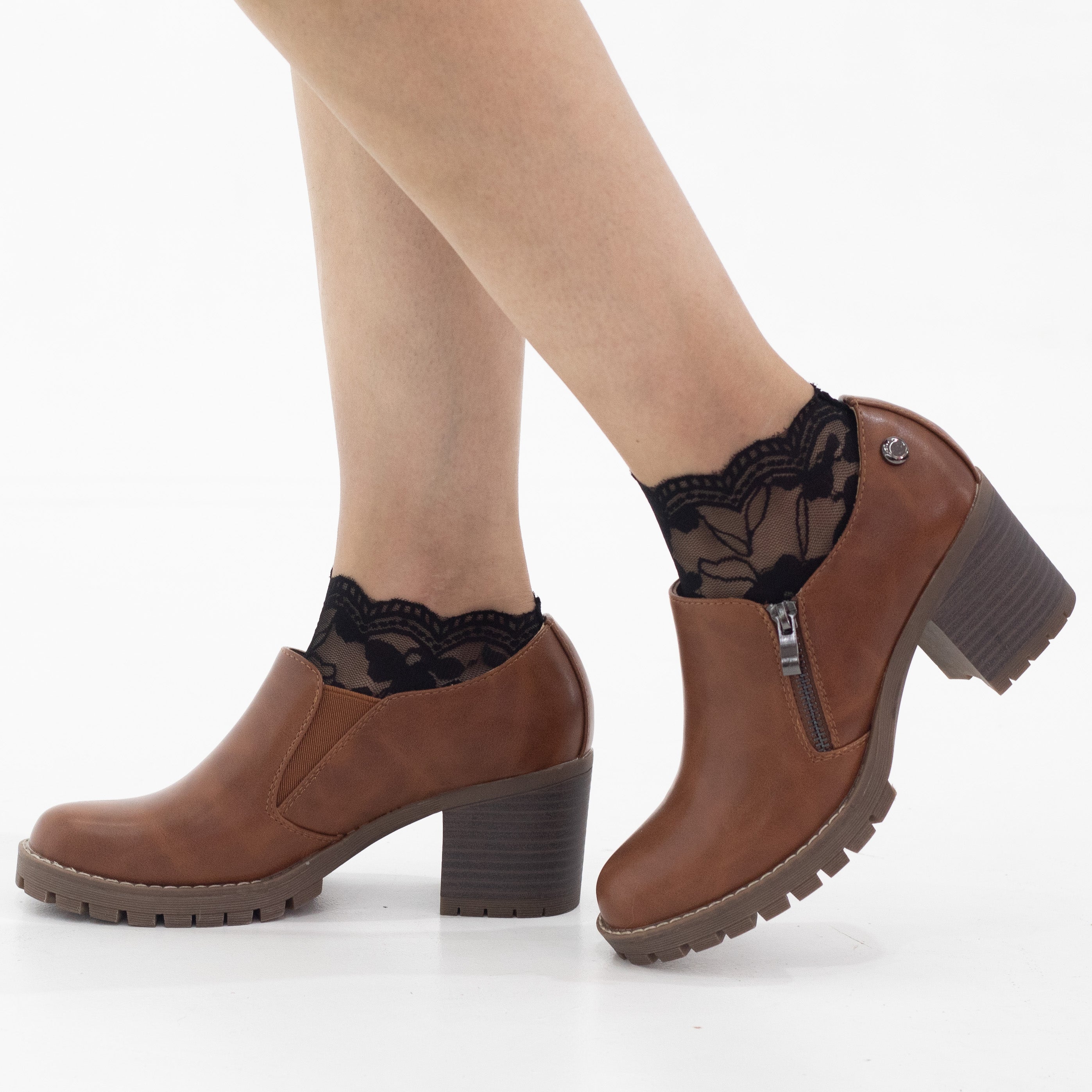 Tadeo slip on 7cm block heel brougue tan