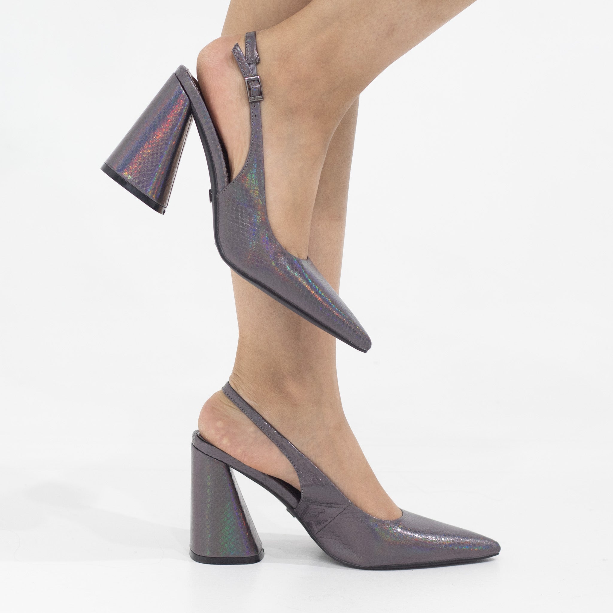 Prisha pointy sling back on a 9cm block heel pewter