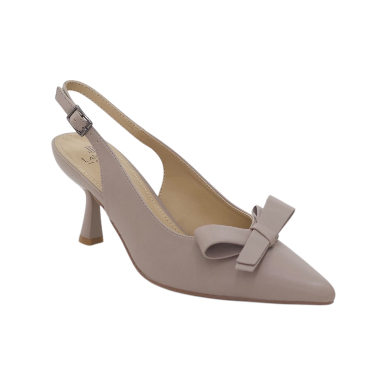 Rejaf pointy patent sling back courts with knot trim on 7cm heel