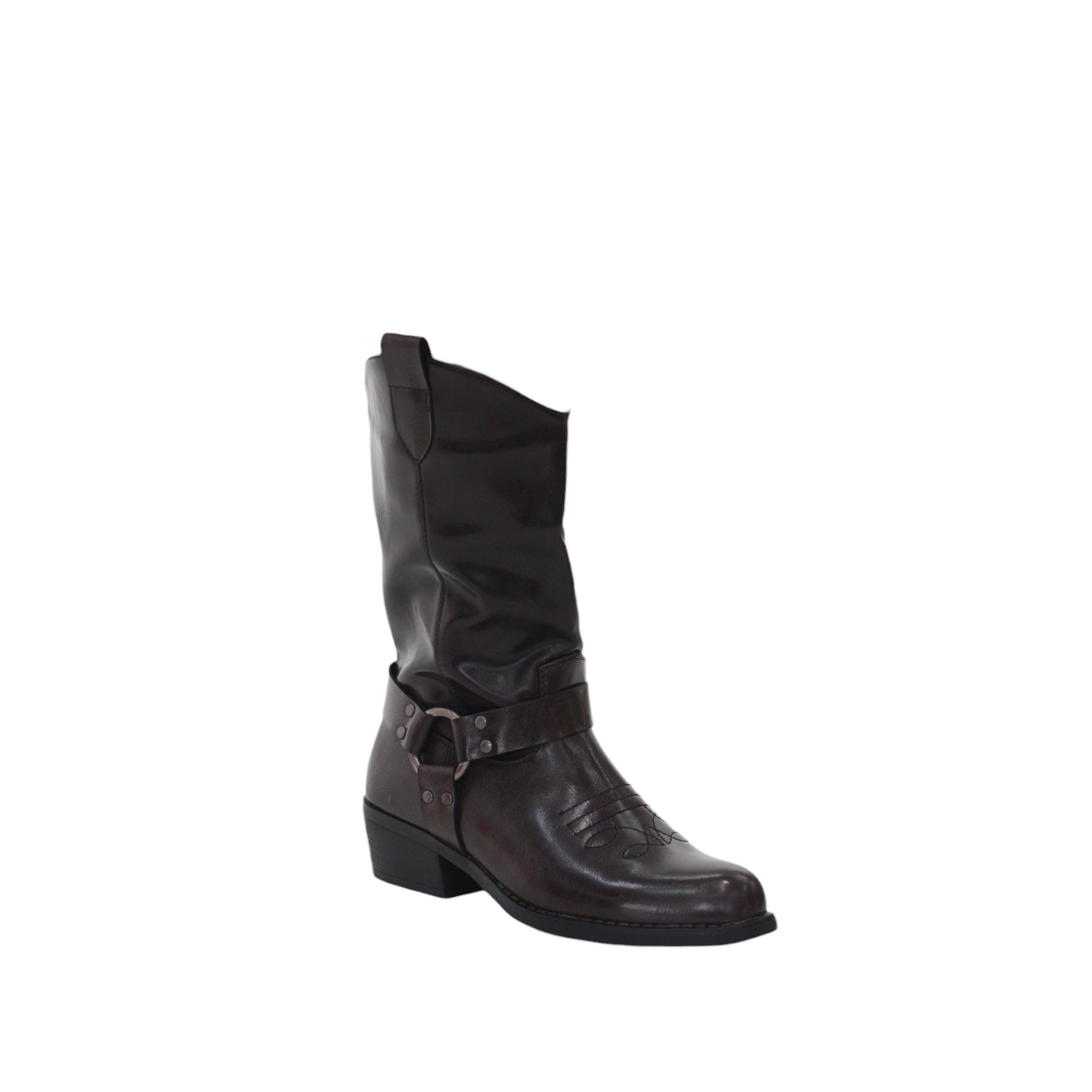 Link embroidered PU mat 4cm heel mid calf boot