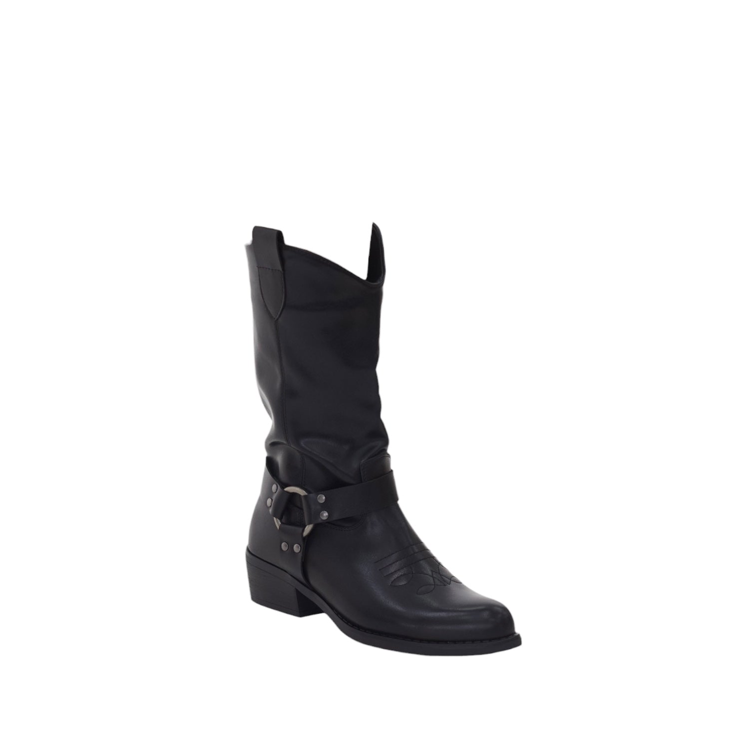 Link embroidered PU mat 4cm heel mid calf boot