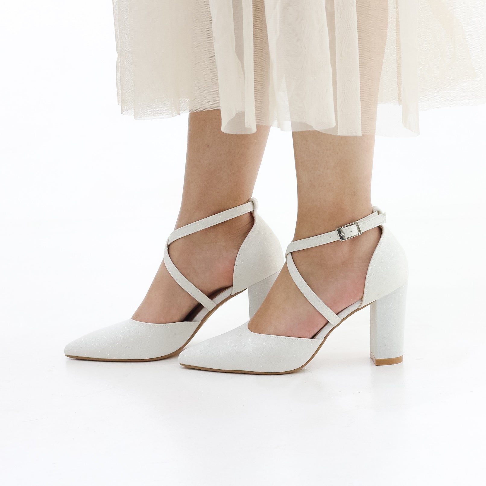 Fumi block 8.5cm heel open waist cross over belts glitter pu