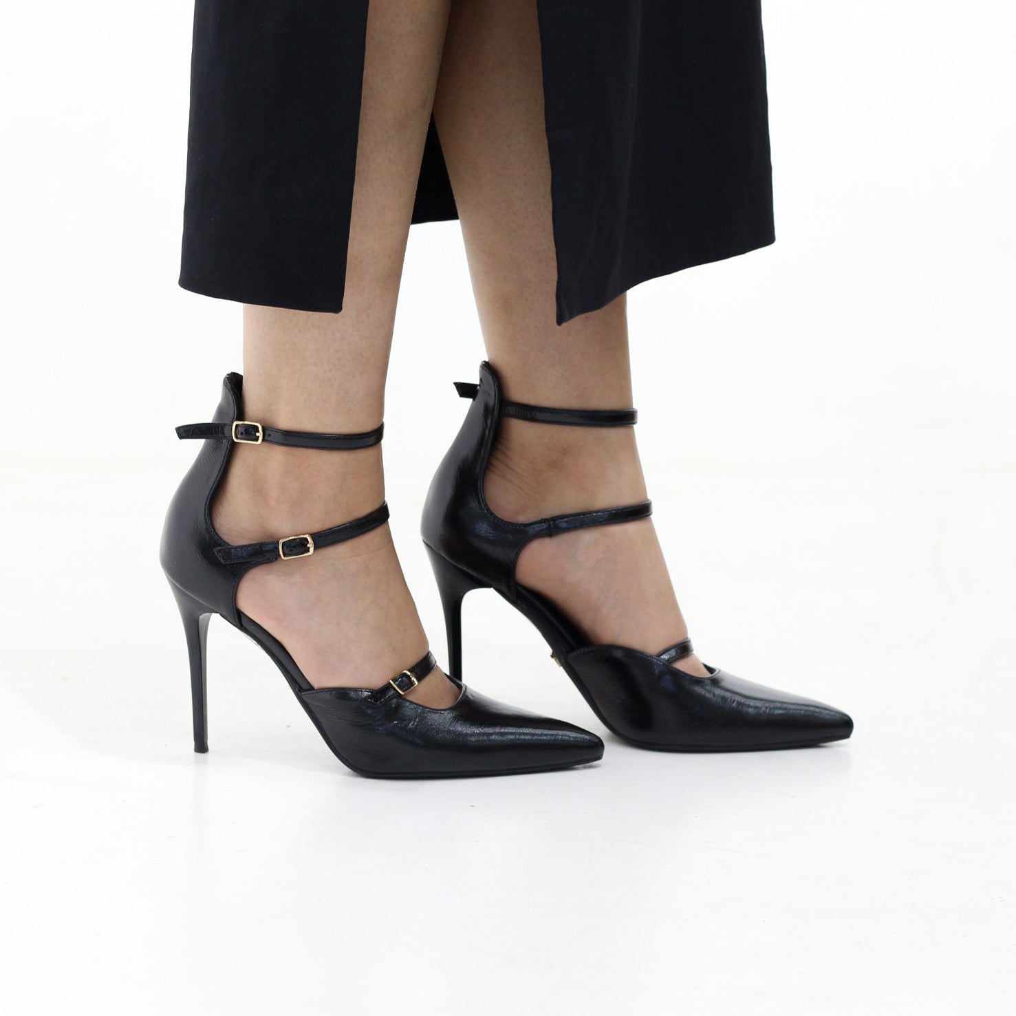 Moss triple-strap pointed stiletto 10.5cm heel with buckles