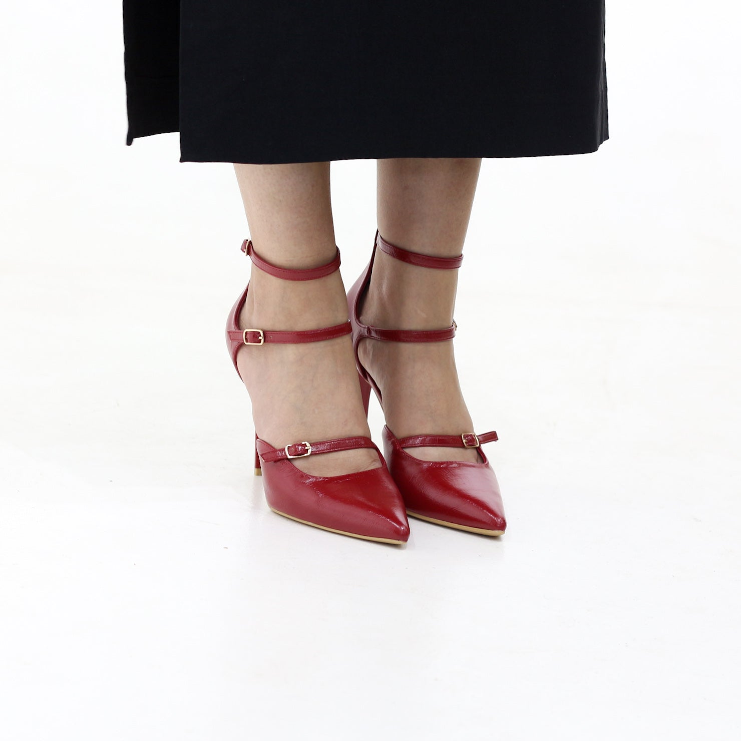 Moss triple-strap pointed stiletto 10.5cm heel with buckles