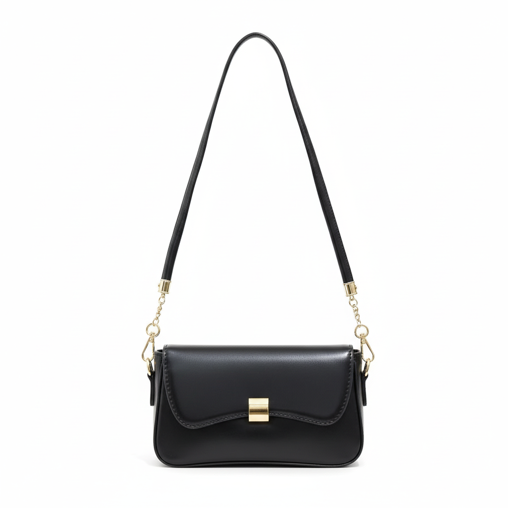 Sanidin sleek black shoulder bag with gold clasp
