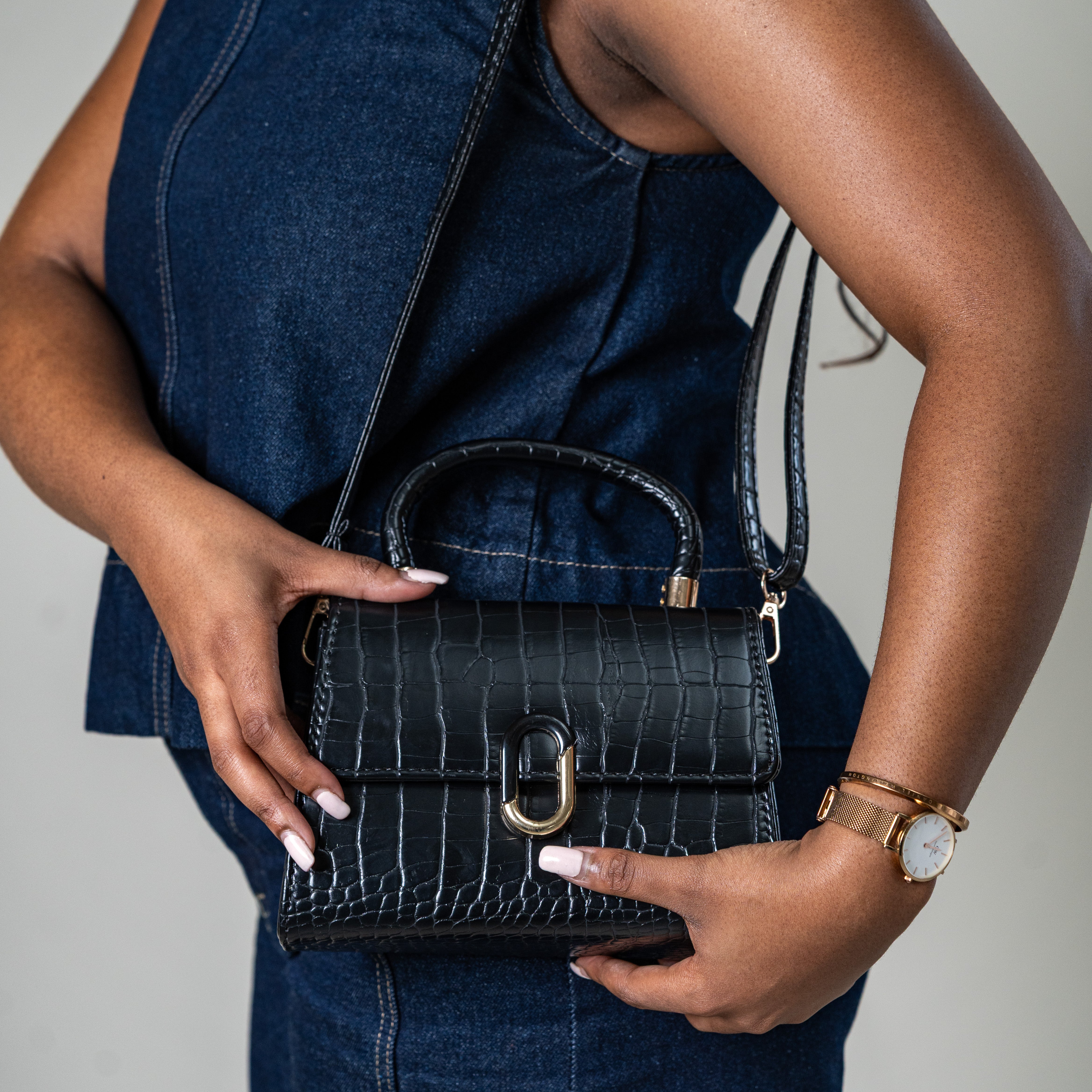 Proteus croc-textured structured handbag with gold buckle