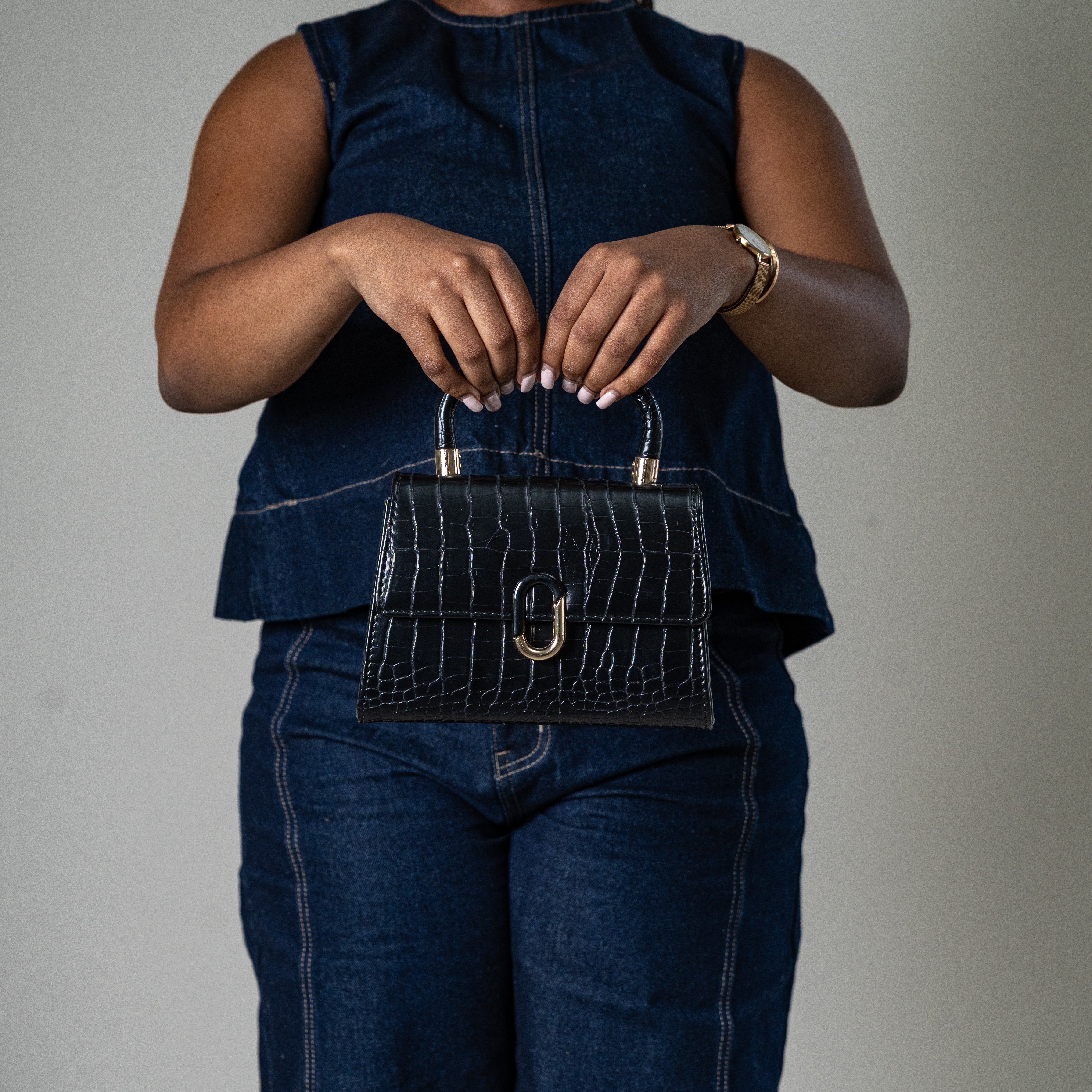 Proteus croc-textured structured handbag with gold buckle