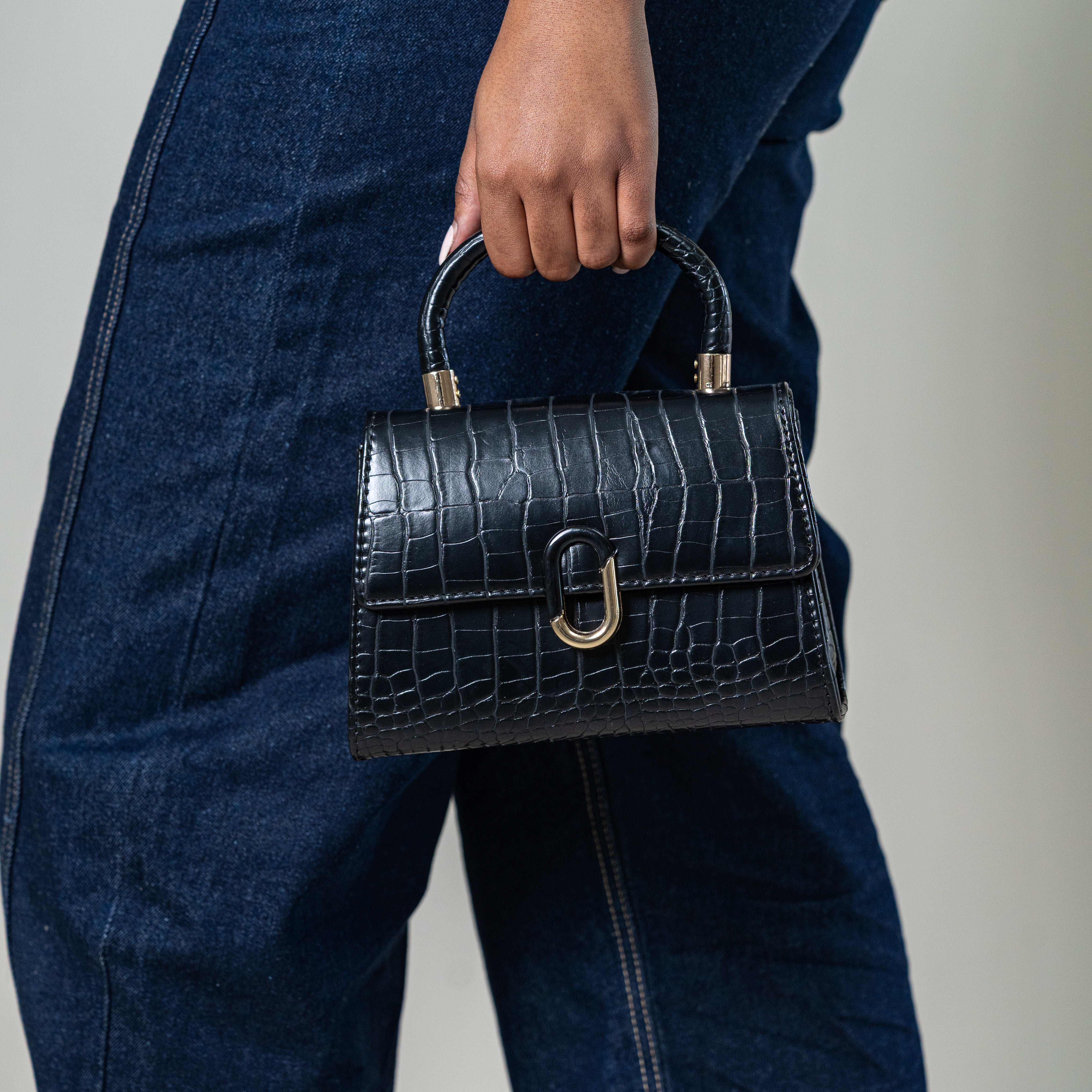 Proteus croc-textured structured handbag with gold buckle