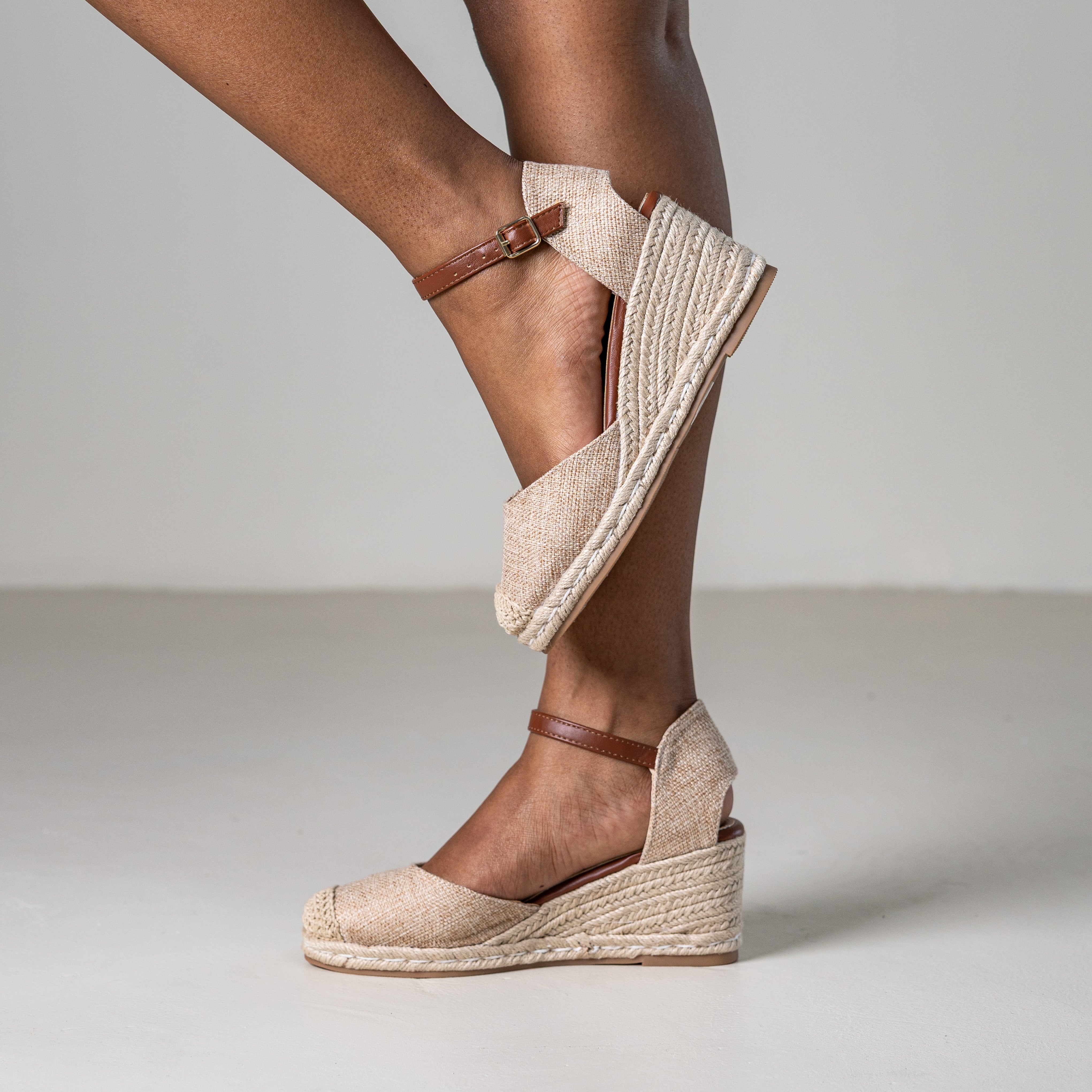 Hitomi espadrille woven closed toe 8cm wedge heel sandals beige