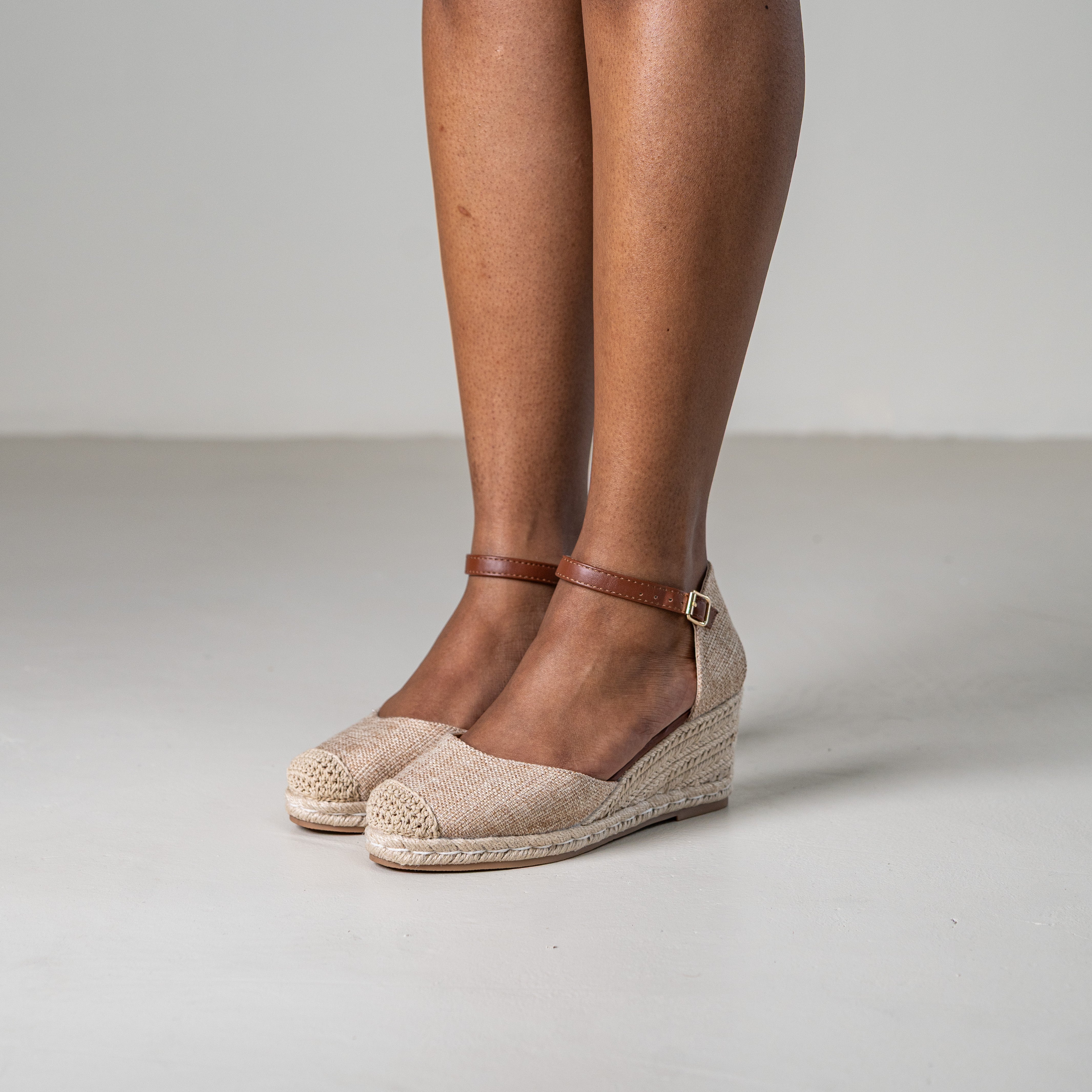 Hitomi espadrille woven closed toe 8cm wedge heel sandals beige