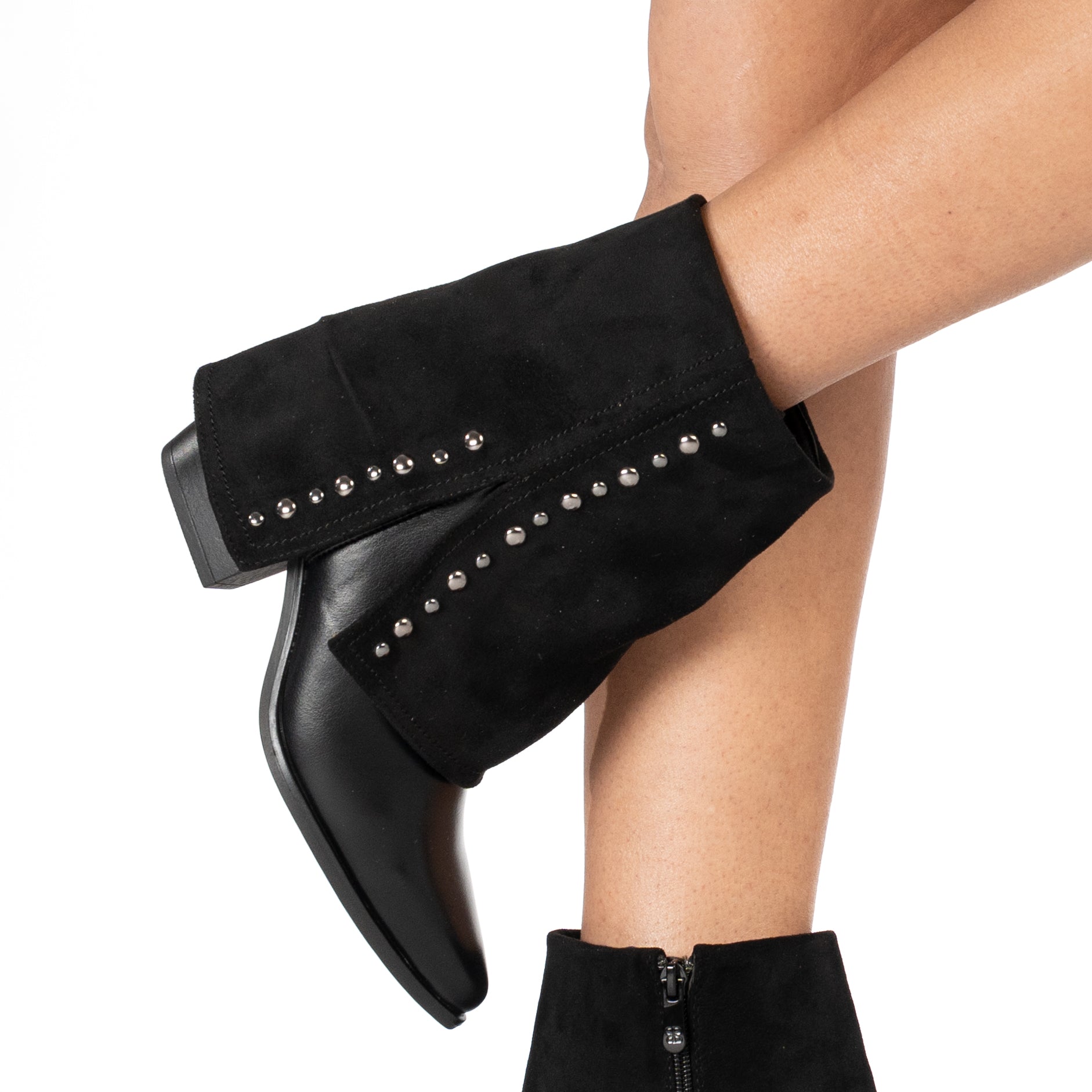 Split women's mid-calf lace-up boots with metallic stud accents