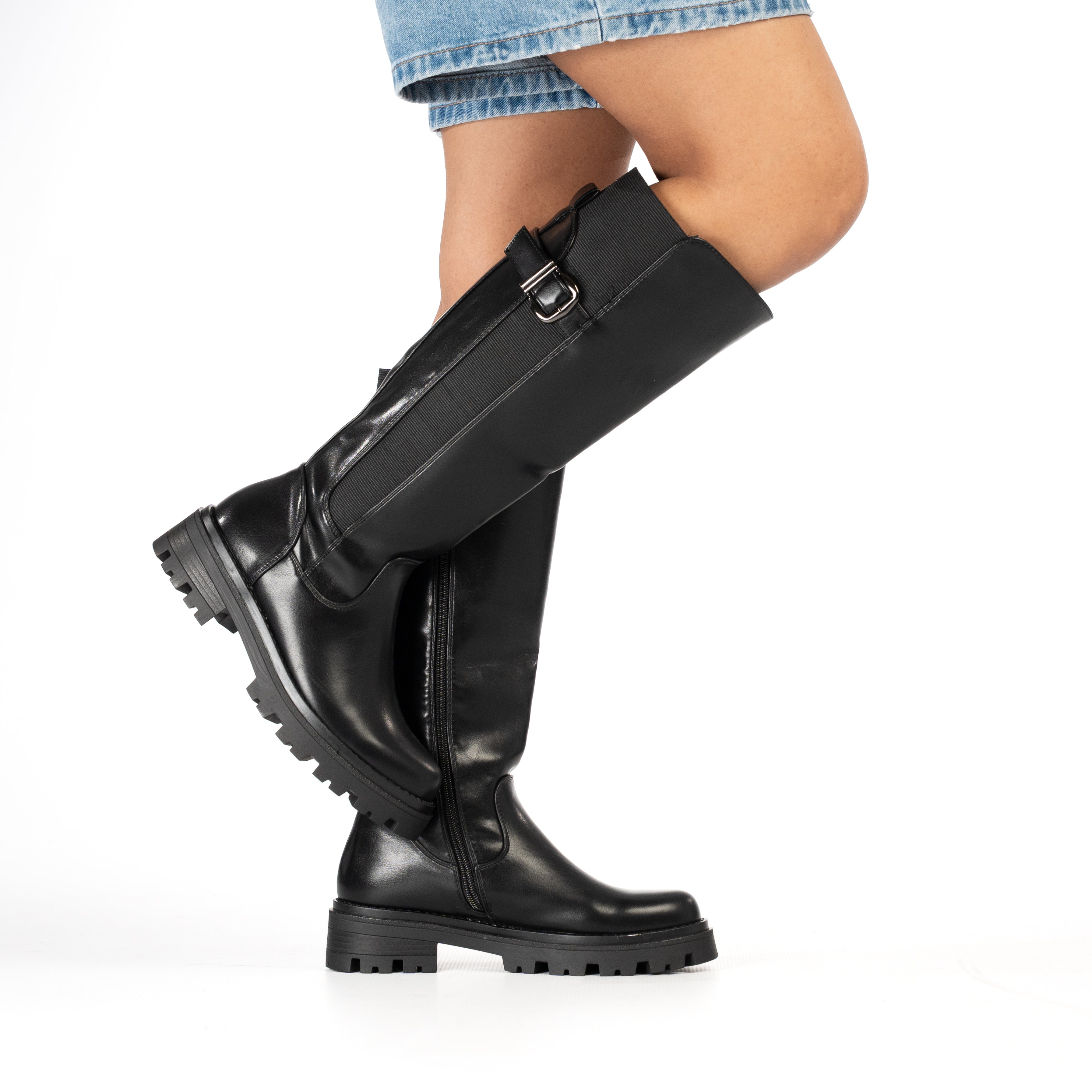 Raya women's Chunky knee-high boots with bold buckle detail