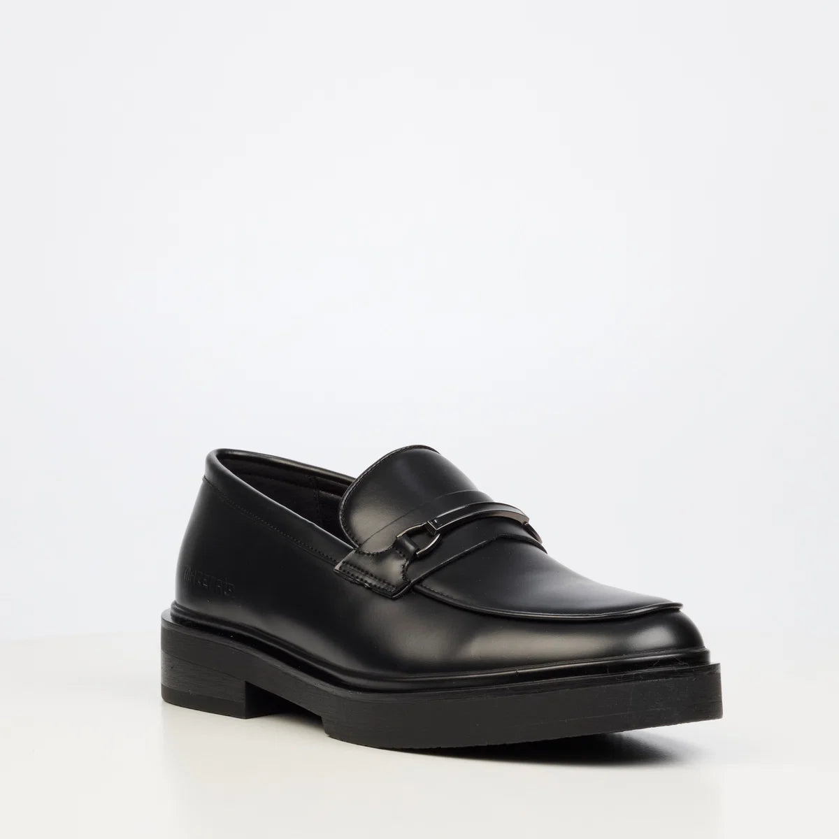 Mazerata Elia17 polished black loafer with sleek metal detail