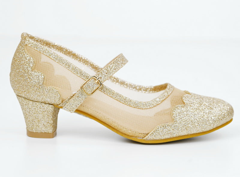 Danita girls party shoe with glitter and mash gold