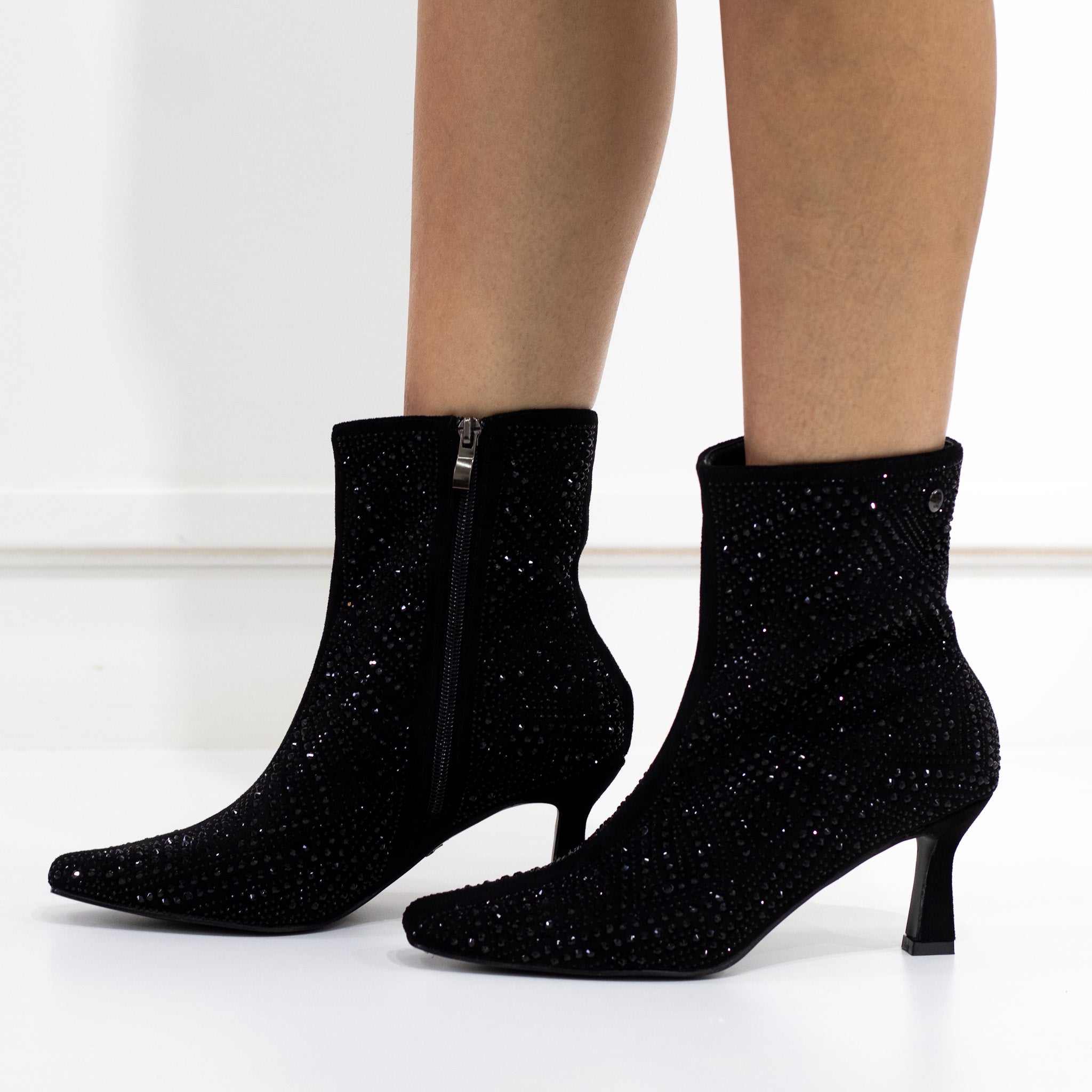 Shape diamante embellished pointy 7cm heel ankle boot black