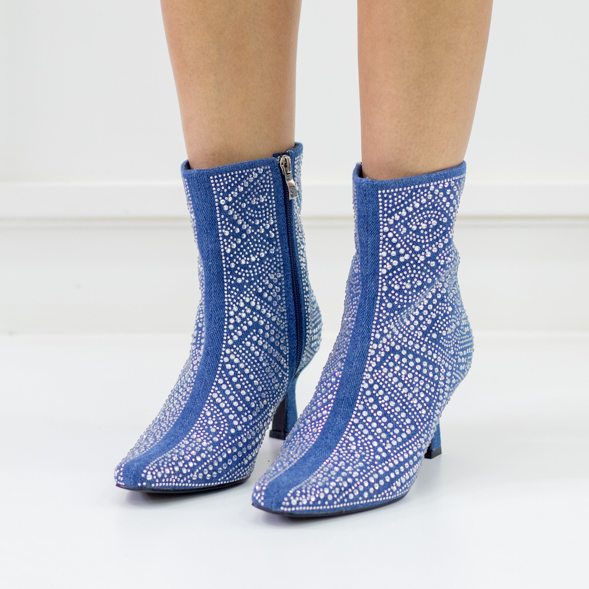 Shape diamante embellished pointy 7cm heel ankle boot denim jeans