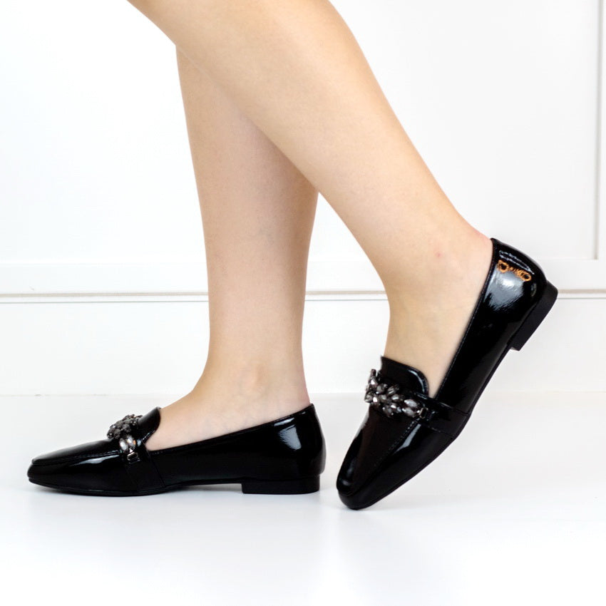 Liana 1.2cm flat heel moc with diamond trim pu black