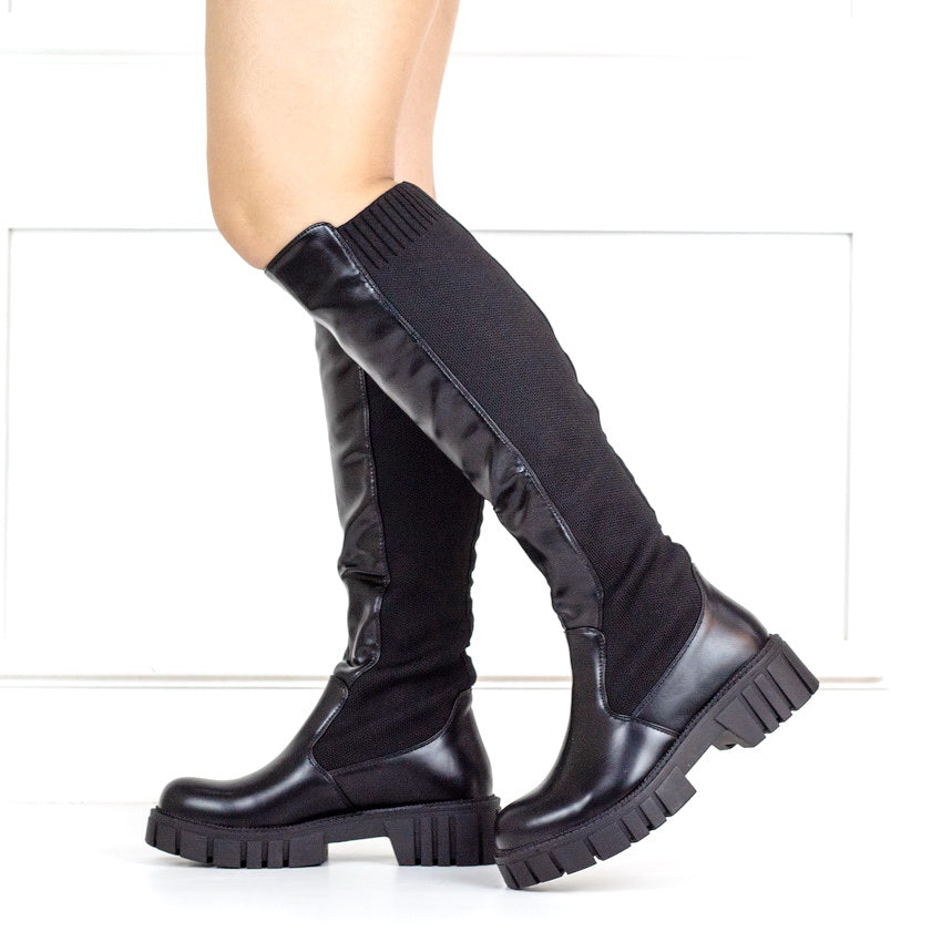 Anushka knee high chunky boot jersey black
