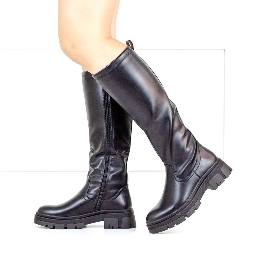 Lucian chunky knee high stretch boot black