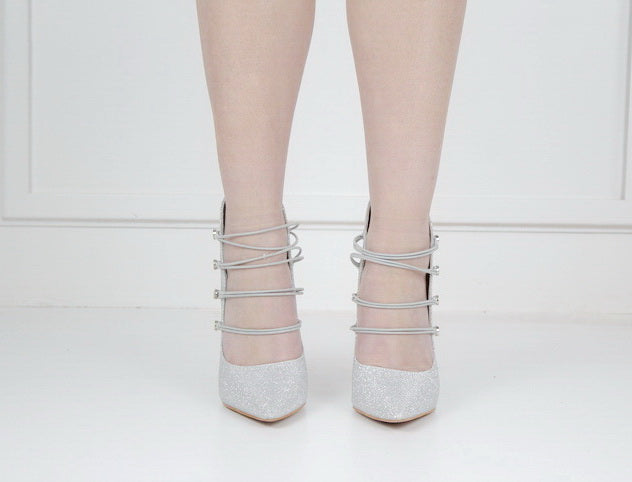Helen2 shimmer 10cm pointy with 4 elastic belts silver