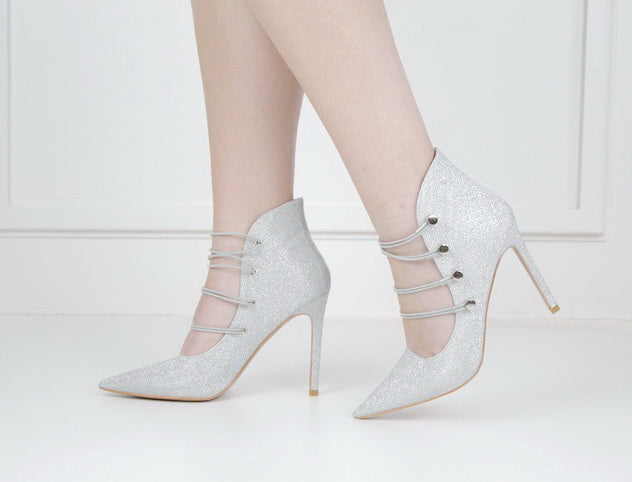 Helen2 shimmer 10cm pointy with 4 elastic belts silver