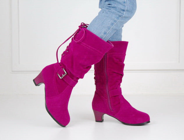 Hazeli girls long boot with back lace fuschia