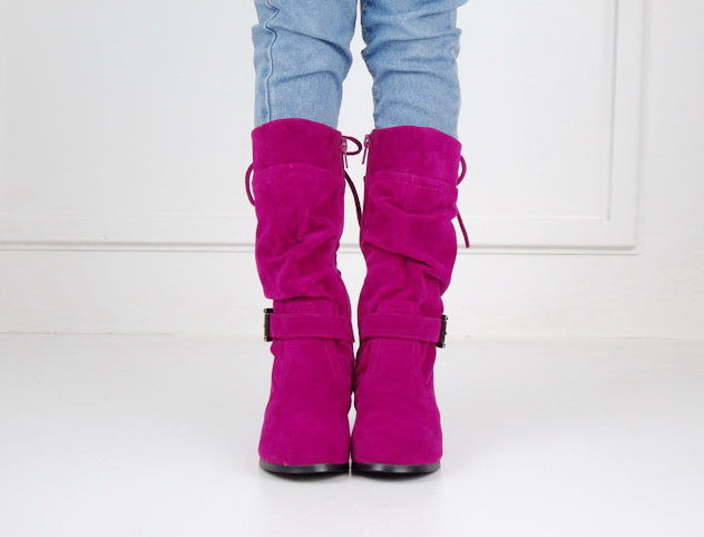 Hazeli girls long boot with back lace fuschia