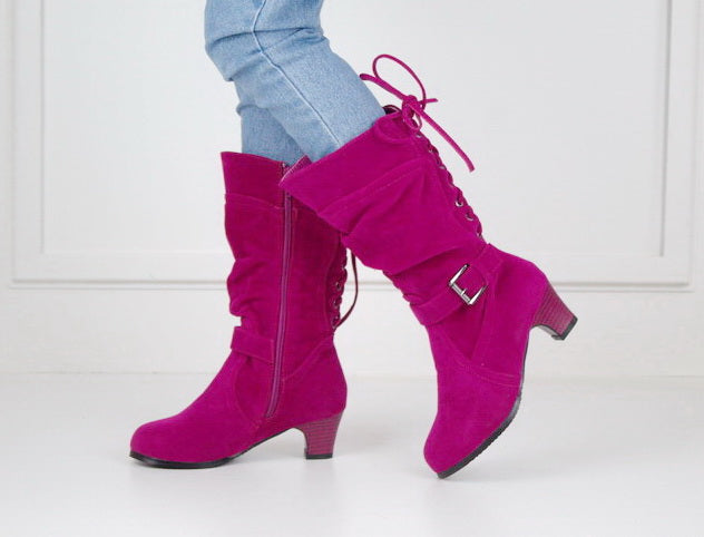 Hazeli girls long boot with back lace fuschia