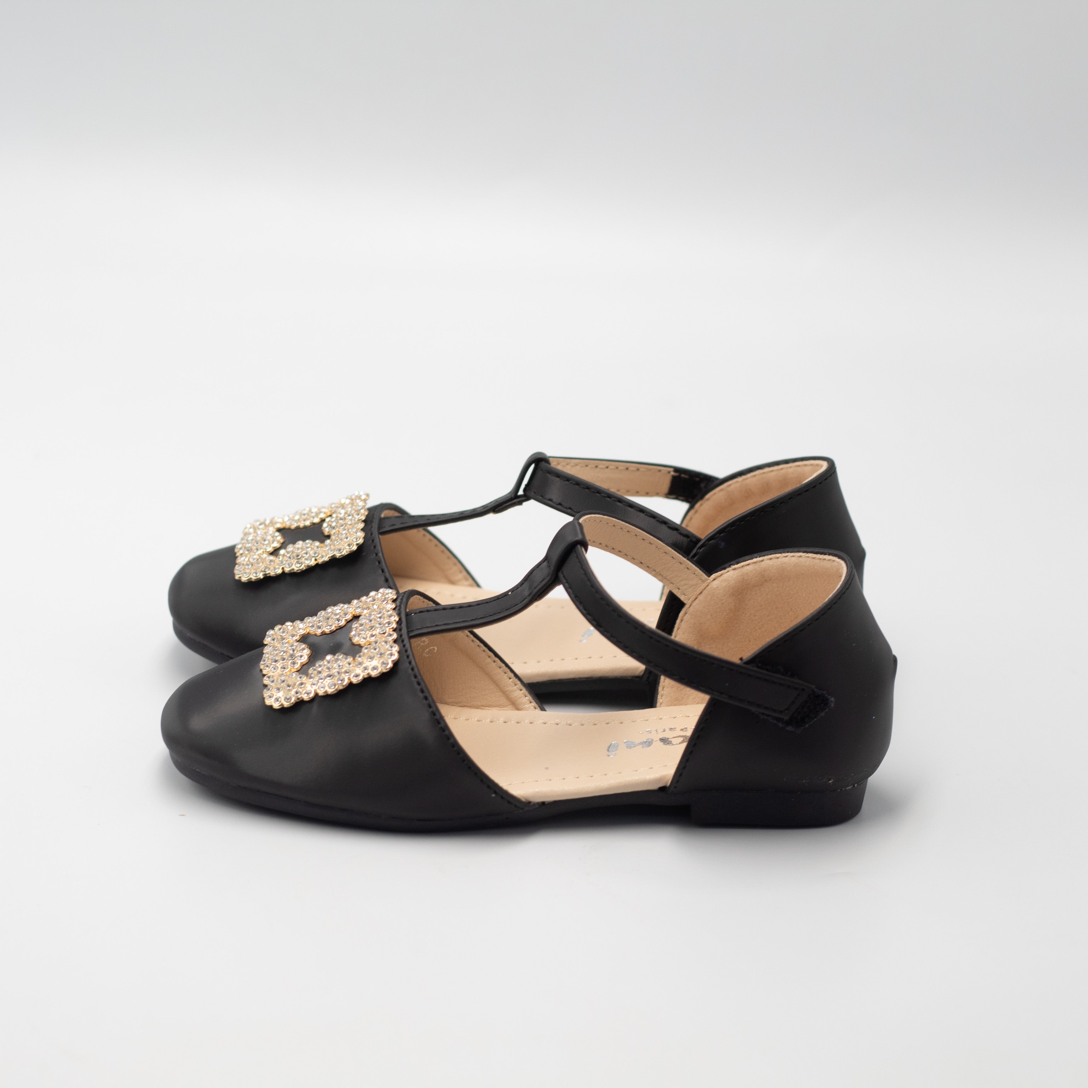 Ayla inf girls t-shaped belt pump with gold trim black