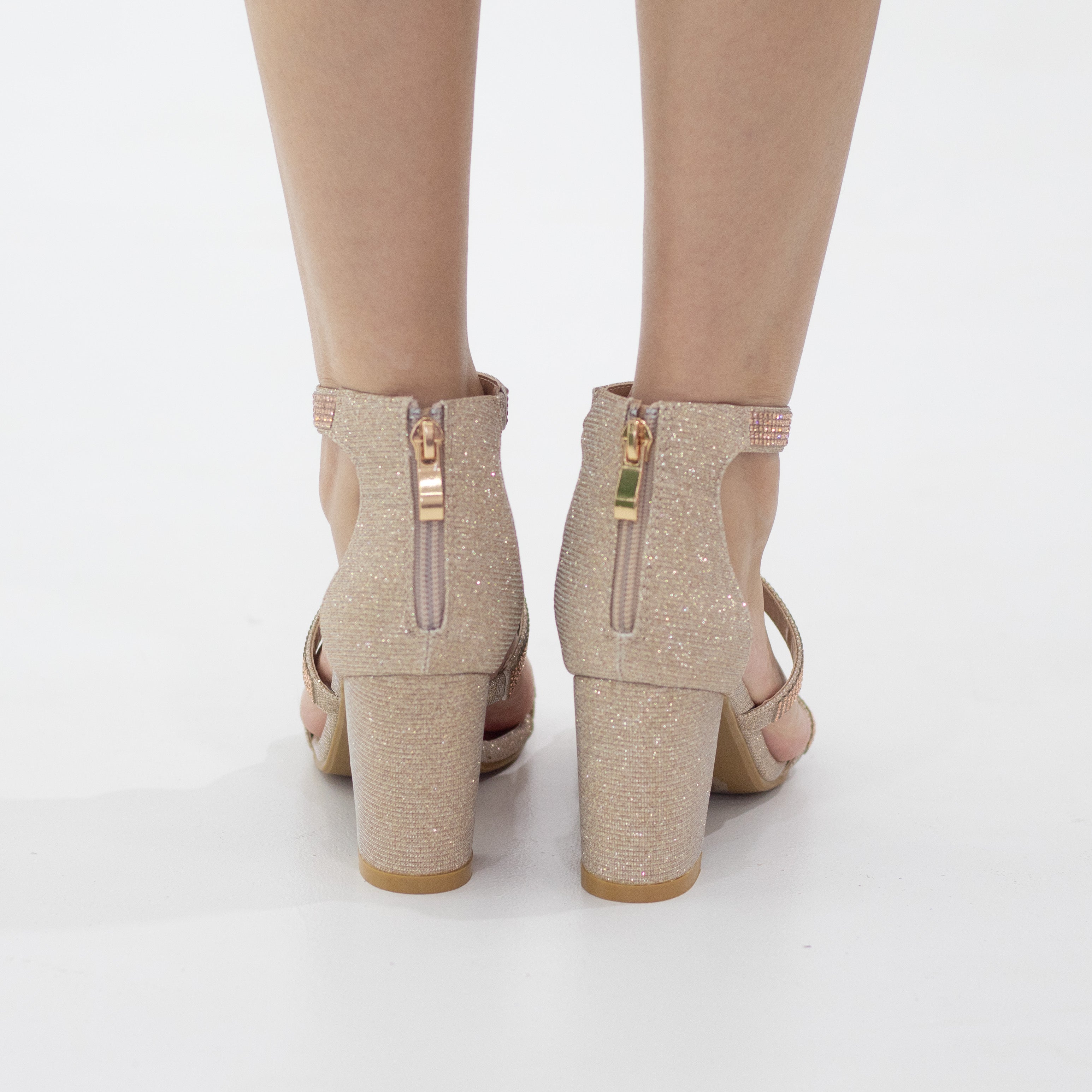 Razina double band ankle strap sandal 8cm block heel shimmer champagne