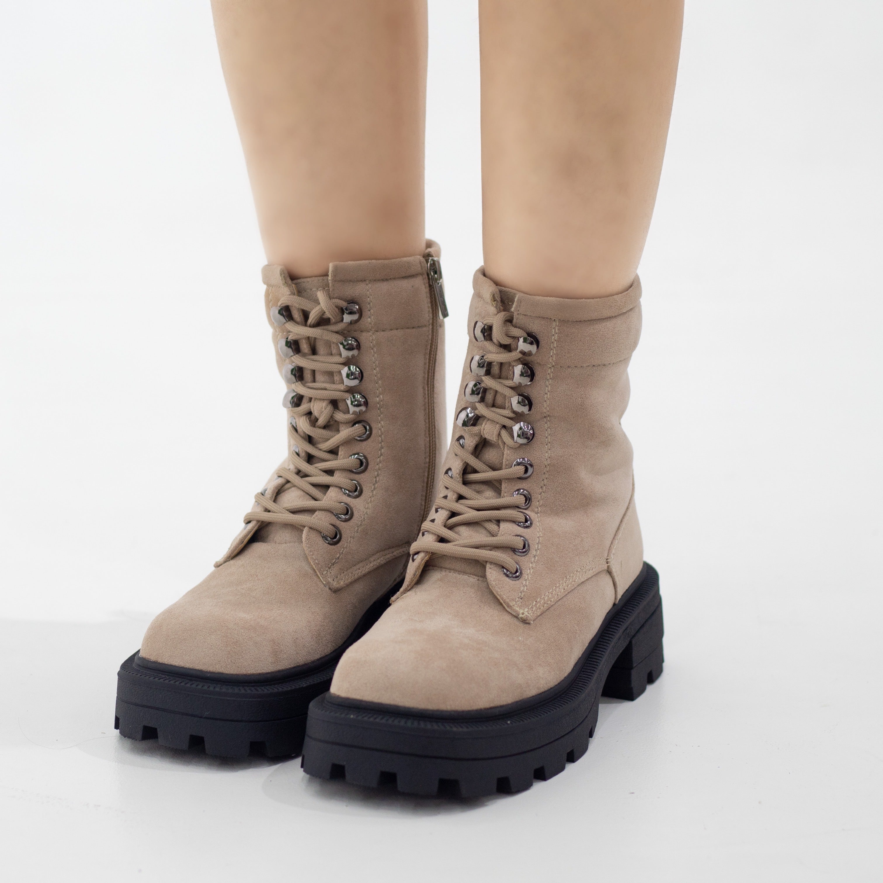 Okara micro fibre chunky lace up ankle boot beige