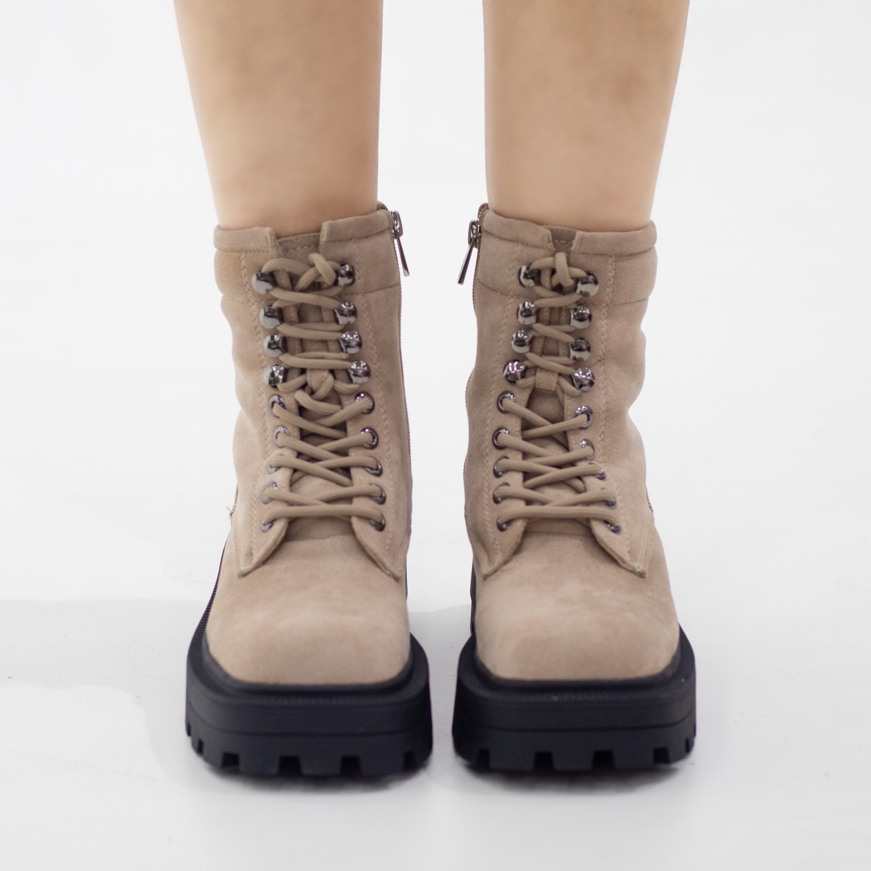 Okara micro fibre chunky lace up ankle boot beige