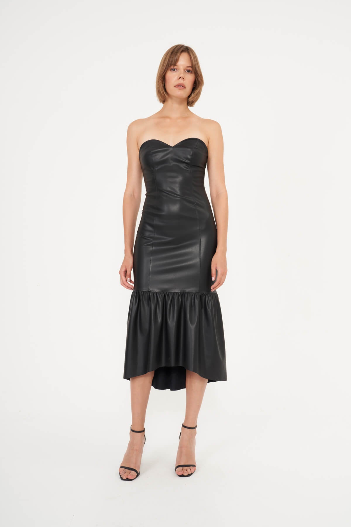 Mila strapless vegan leather midi dress black