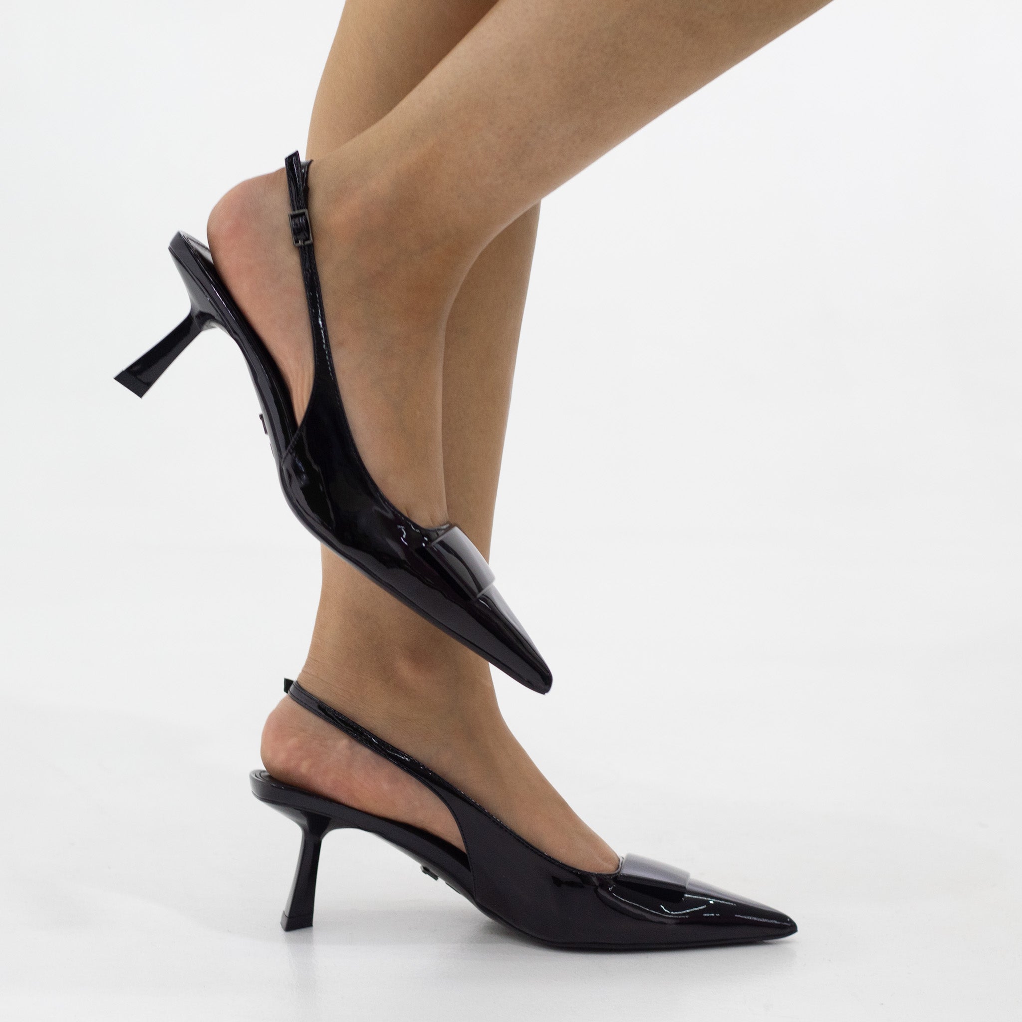 Abba glossy patent sling back with reg trim on a 4.5cm heel