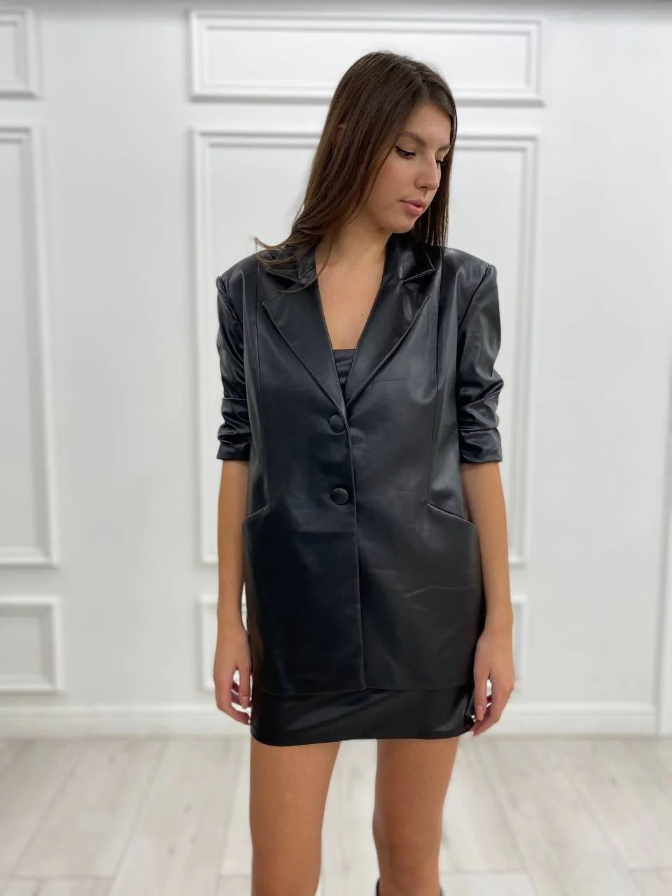 Milly half sleeve vegan leather blazer black