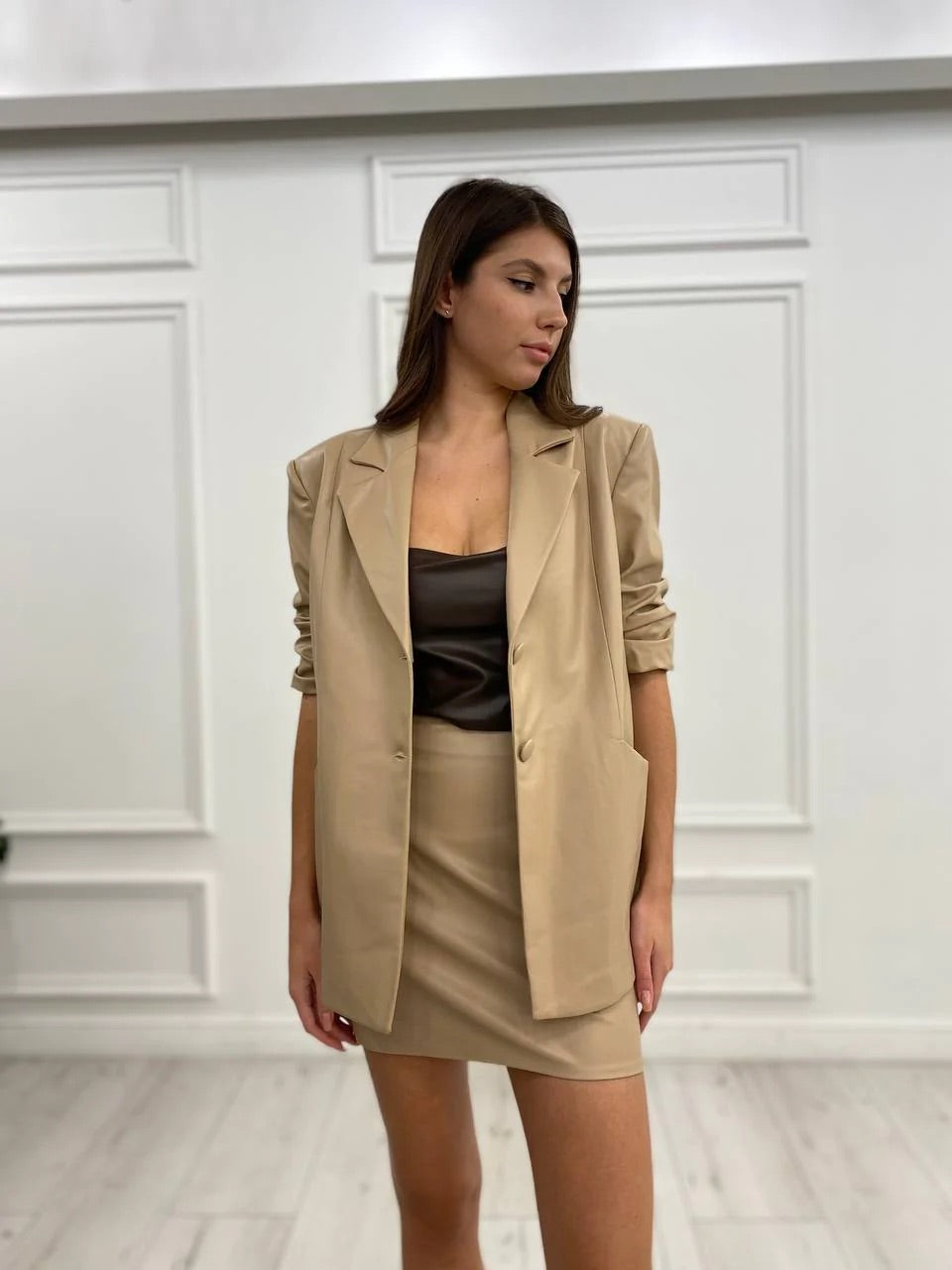 Milly half sleeve vegan leather blazer nude