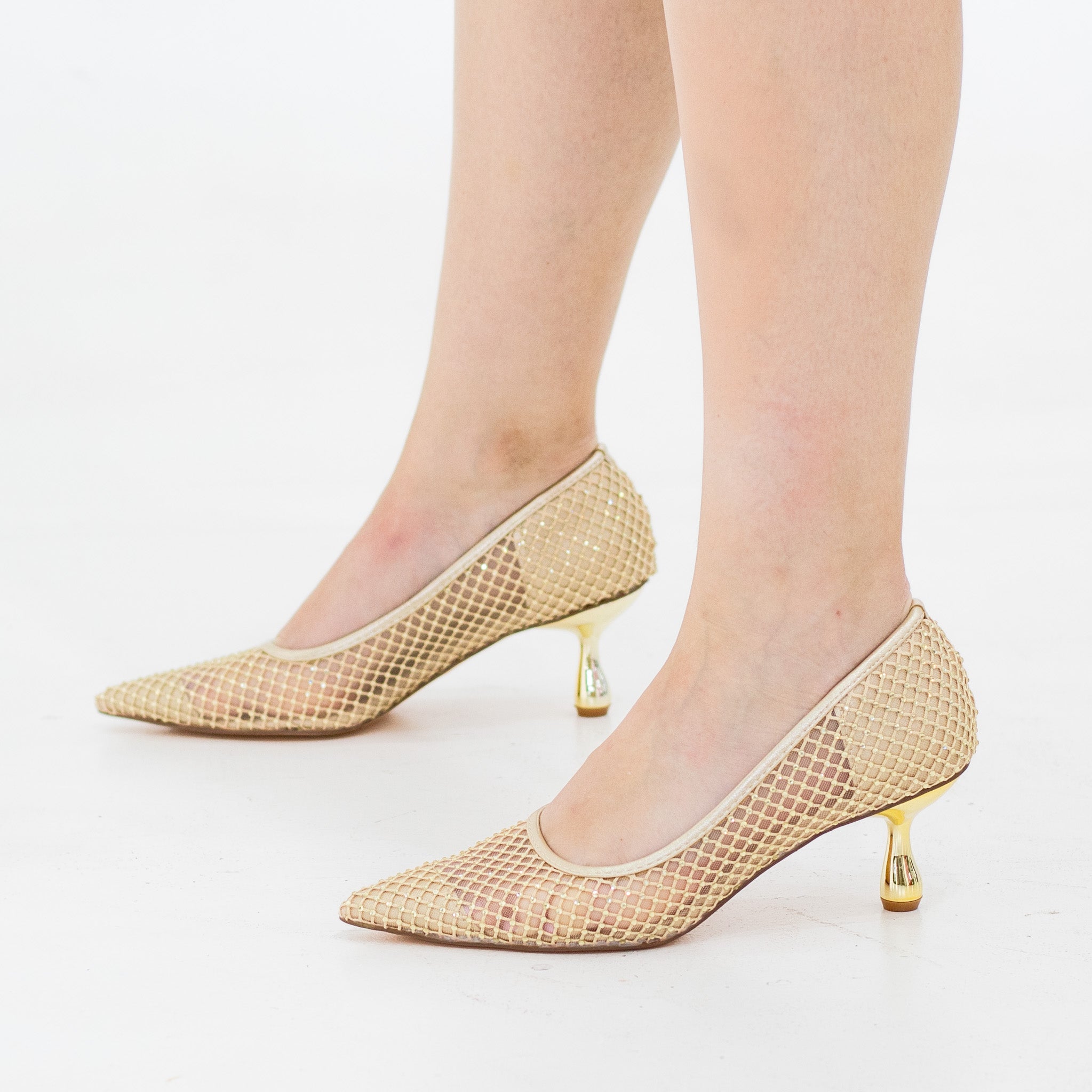 Tahira mesh embellished court on 6cm heel gold