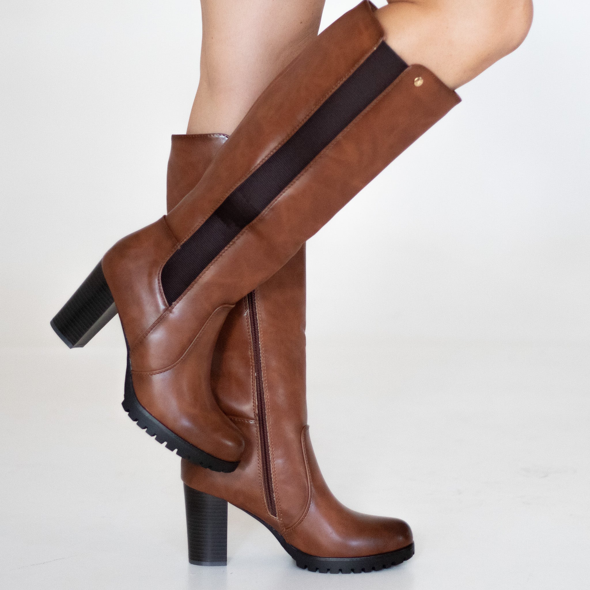 Kazea knee high boot with elastic mat on 8.5cm heel tan