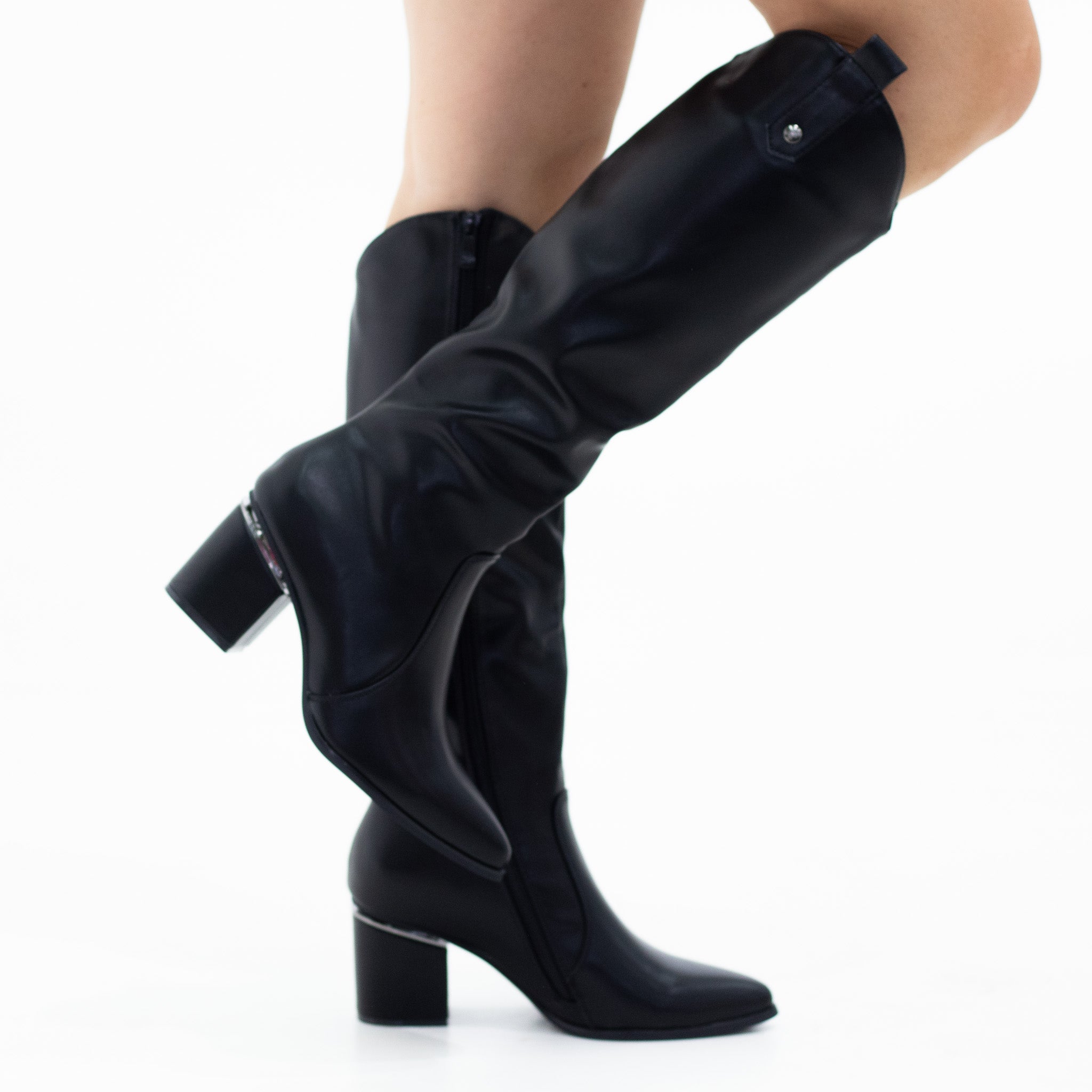 Isla pointy toe 6.5cm heel pu knee high boots black