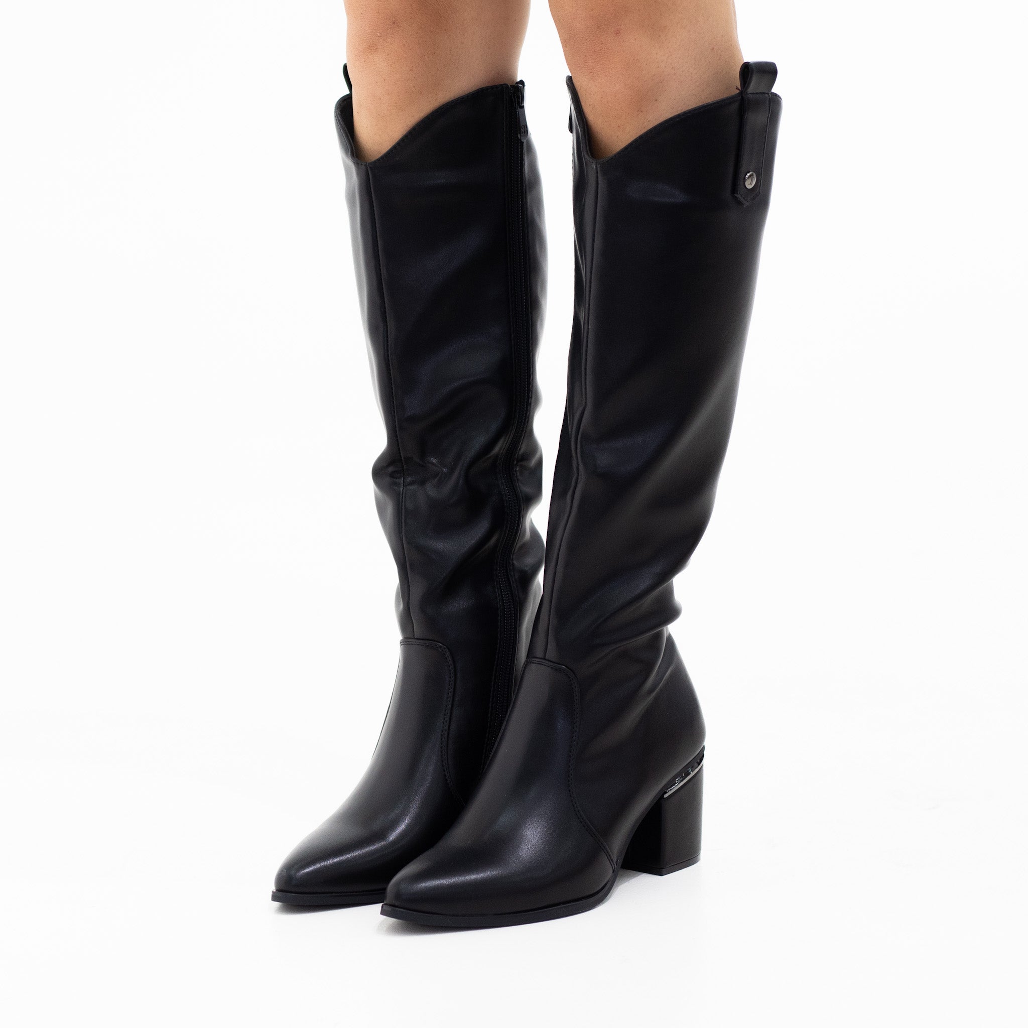 Isla pointy toe 6.5cm heel pu knee high boots black