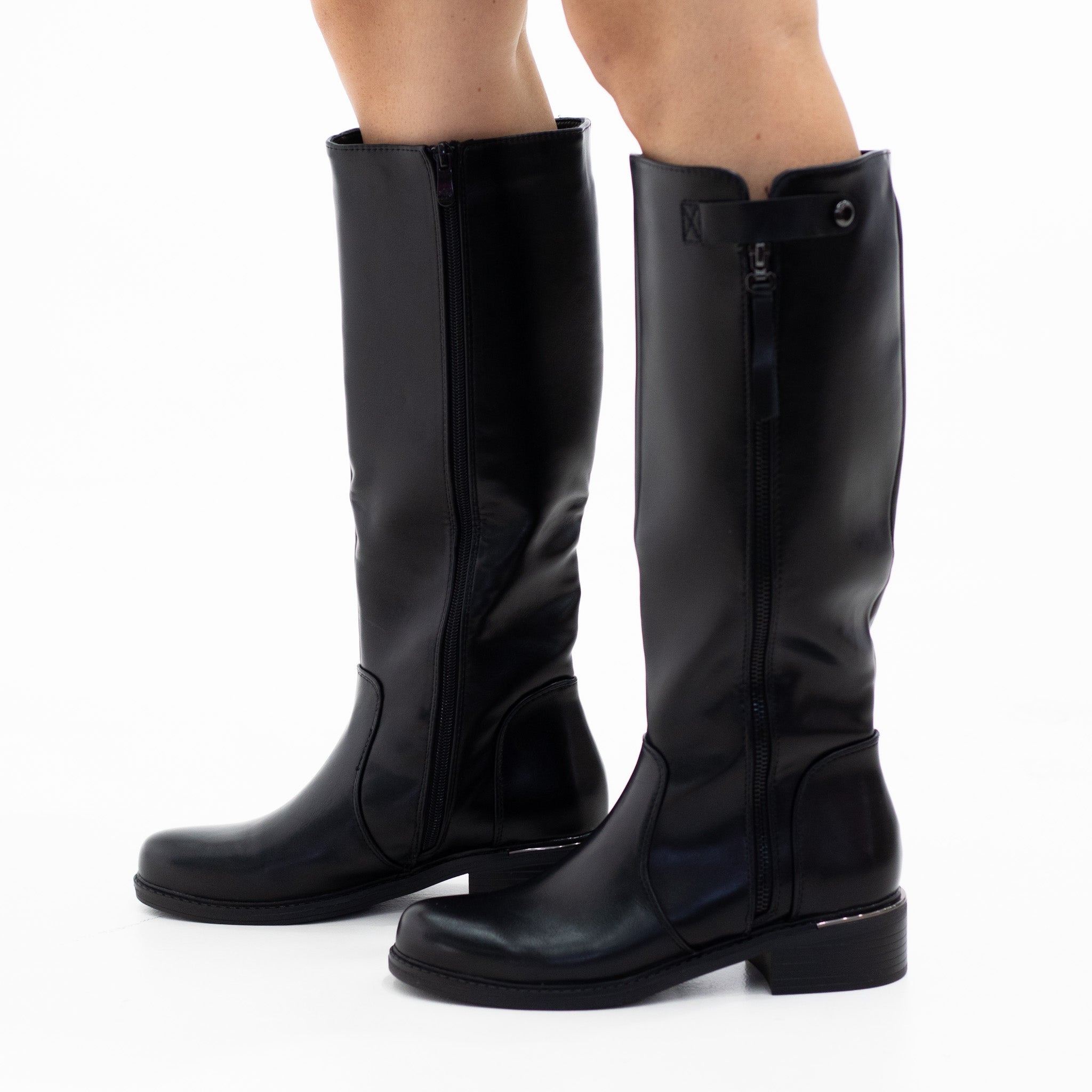 Lyra 3.5cm heel PU mid knee high boot with zip detailed black