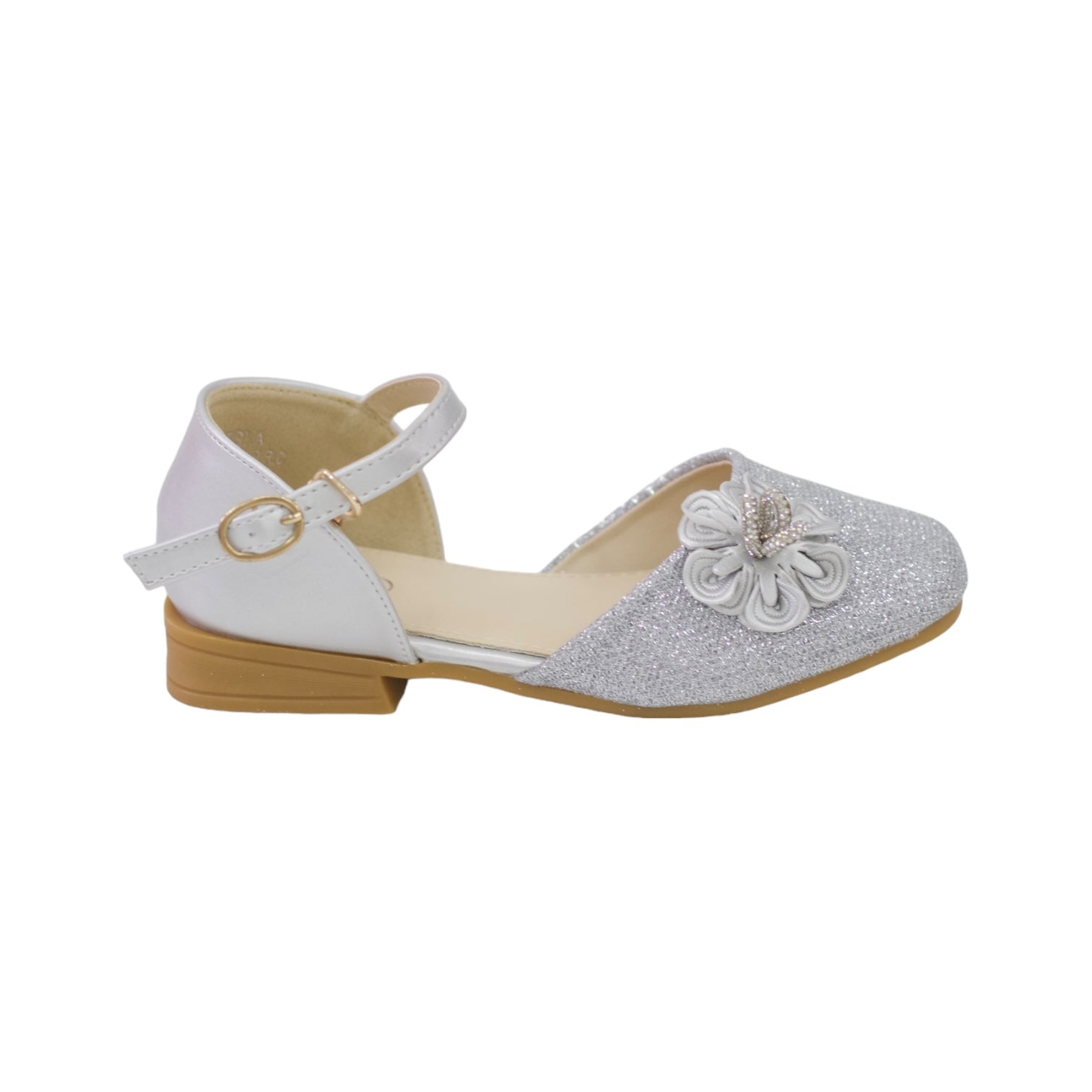 Isla girls bridal shoe with flower in shimmer silver