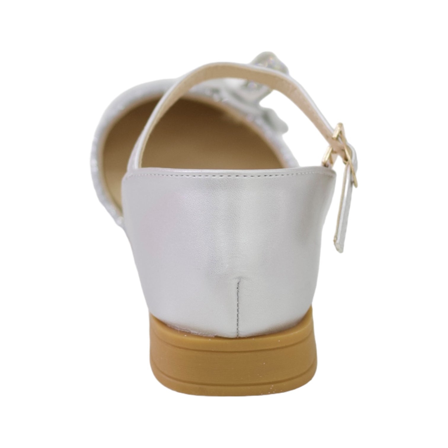 Isla girls bridal shoe with flower in shimmer silver