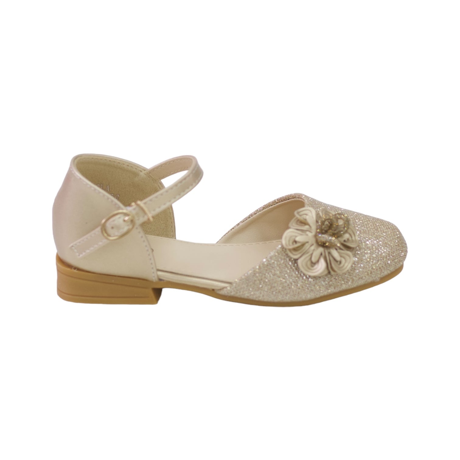 Isla girls bridal shoe with flower in shimmer champagne gold
