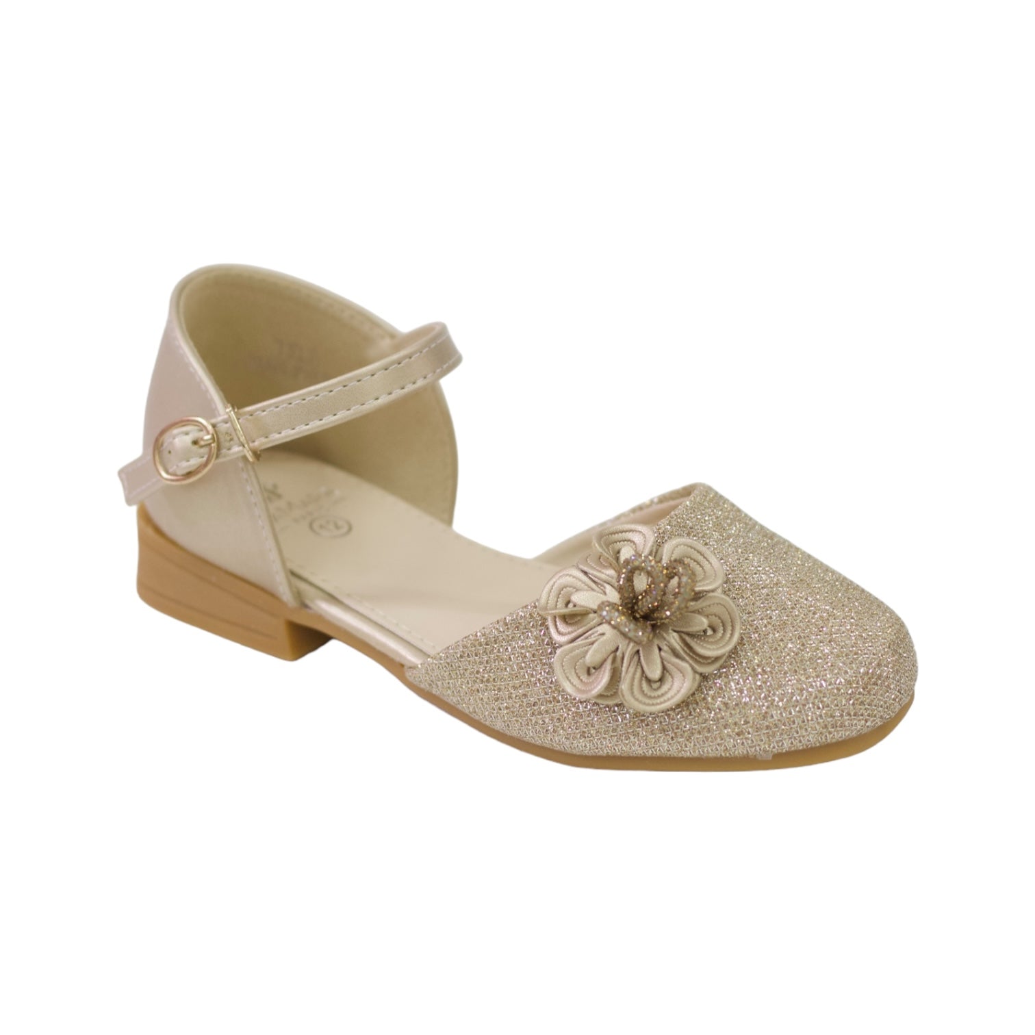 Isla girls bridal shoe with flower in shimmer champagne gold