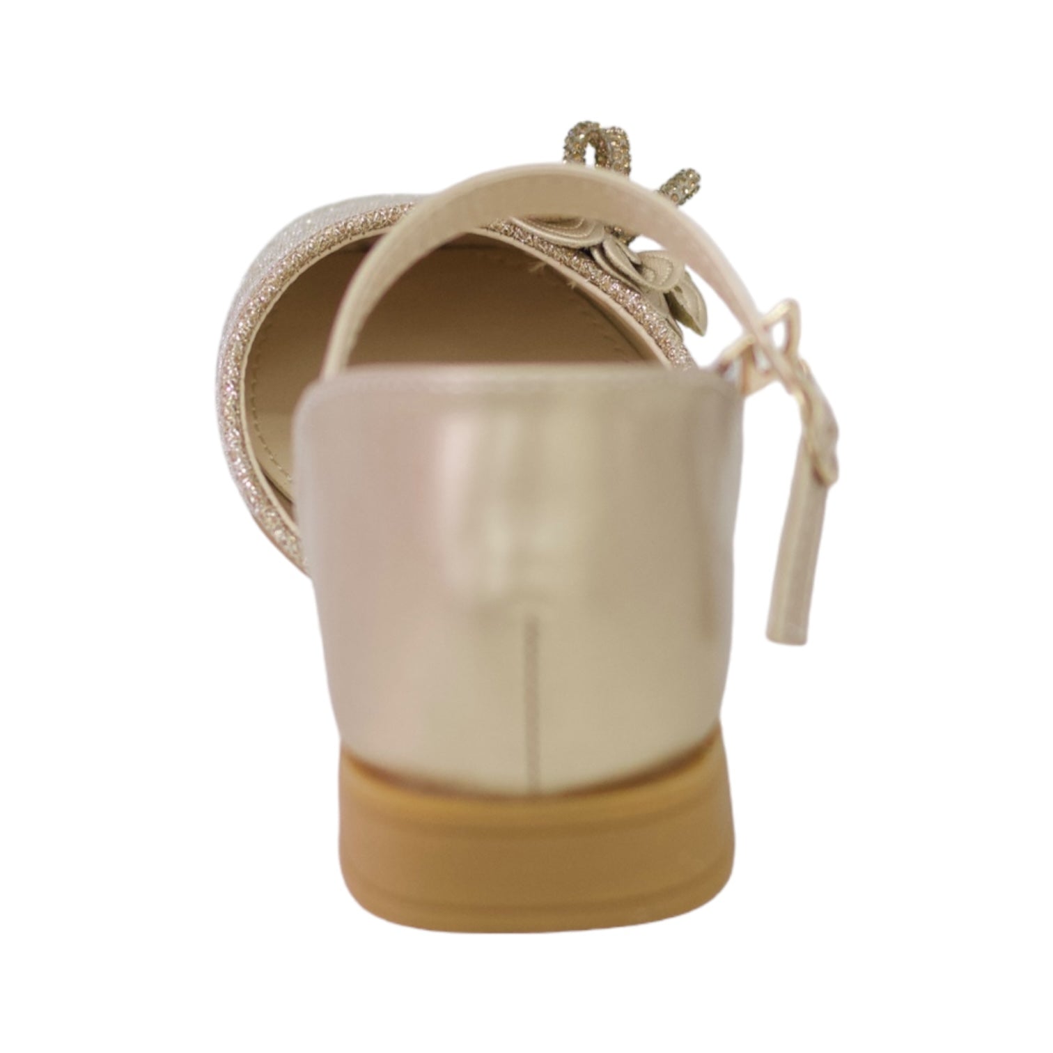 Isla girls bridal shoe with flower in shimmer champagne gold
