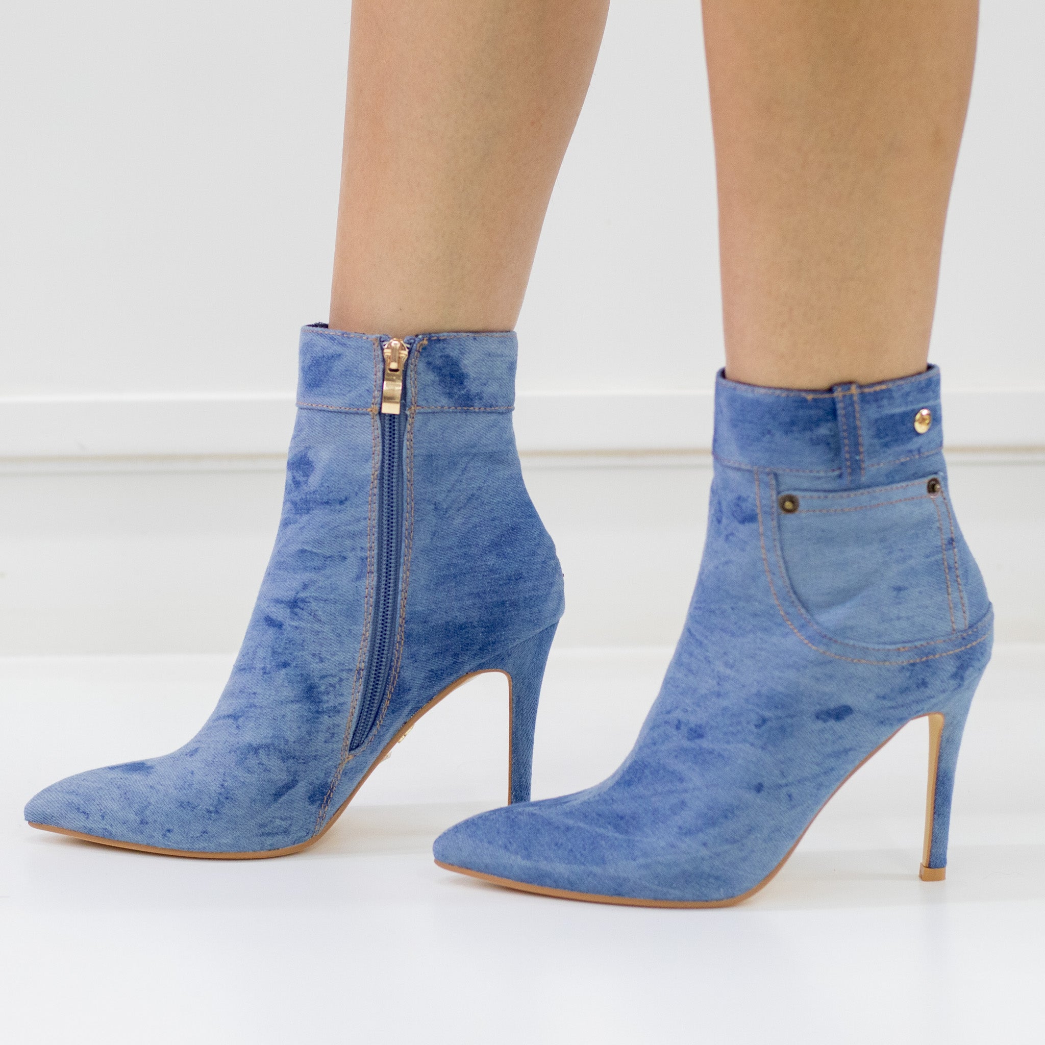 Beat 10cm heel low-rise jeans pointy ankle boot denim blue