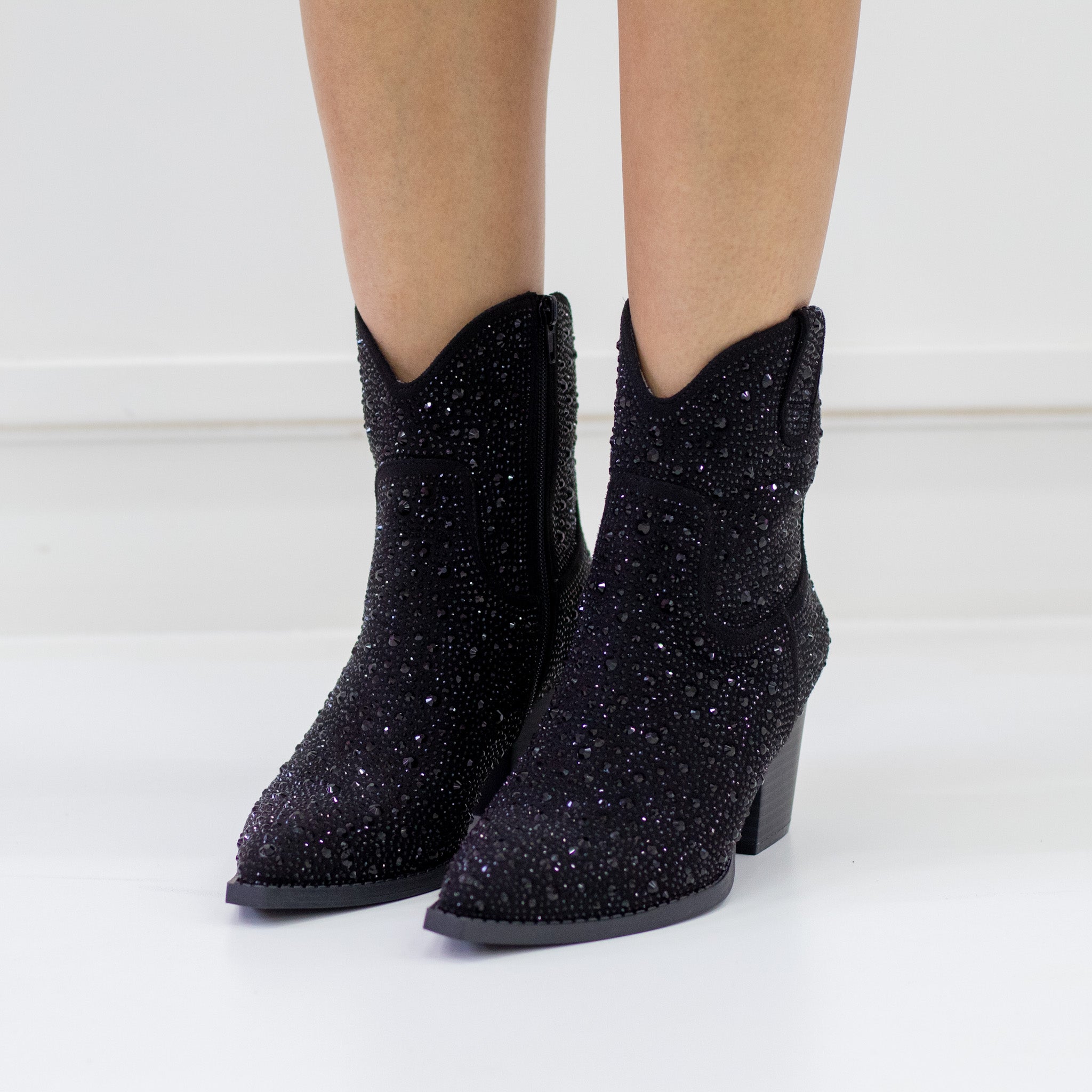 Sort diamante embellished cowboy 7cm heel bootie black