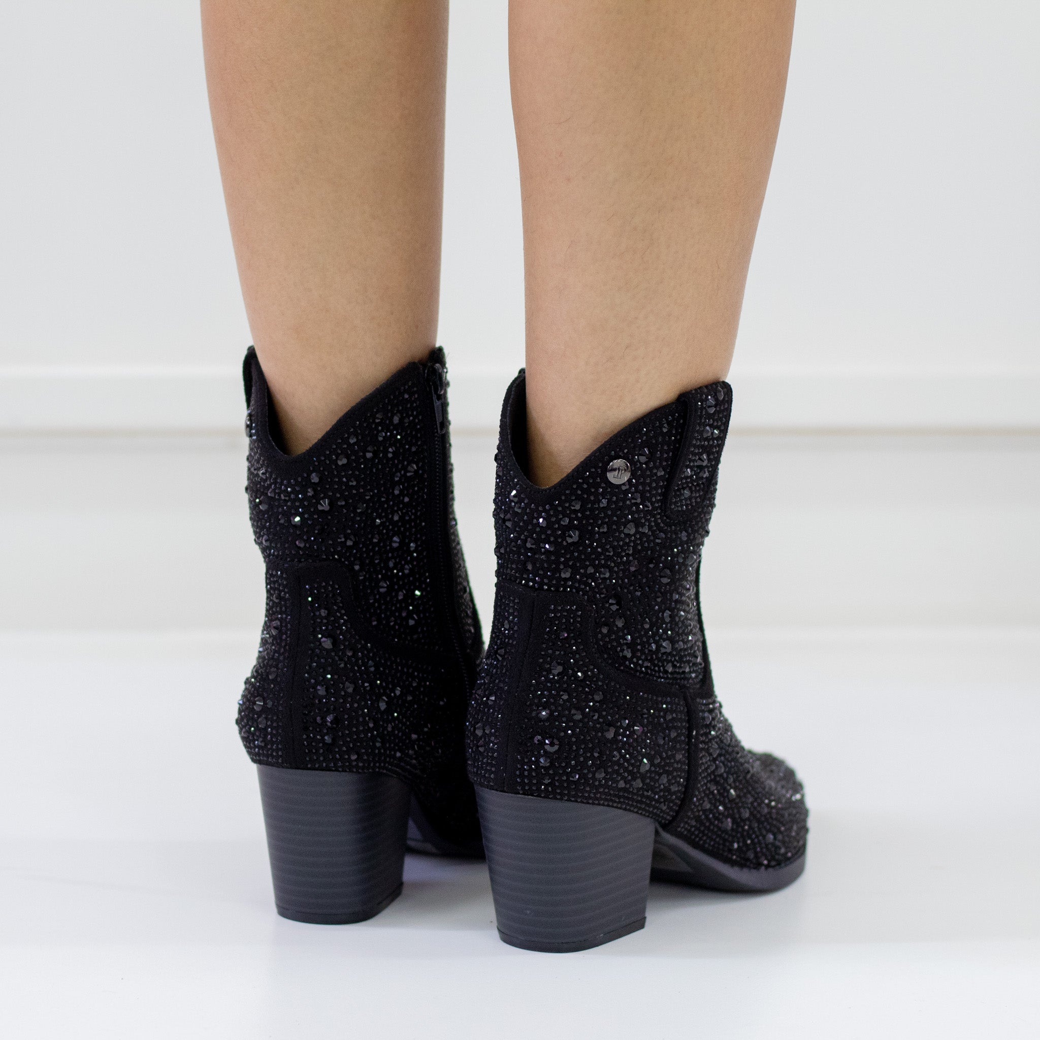 Sort diamante embellished cowboy 7cm heel bootie black